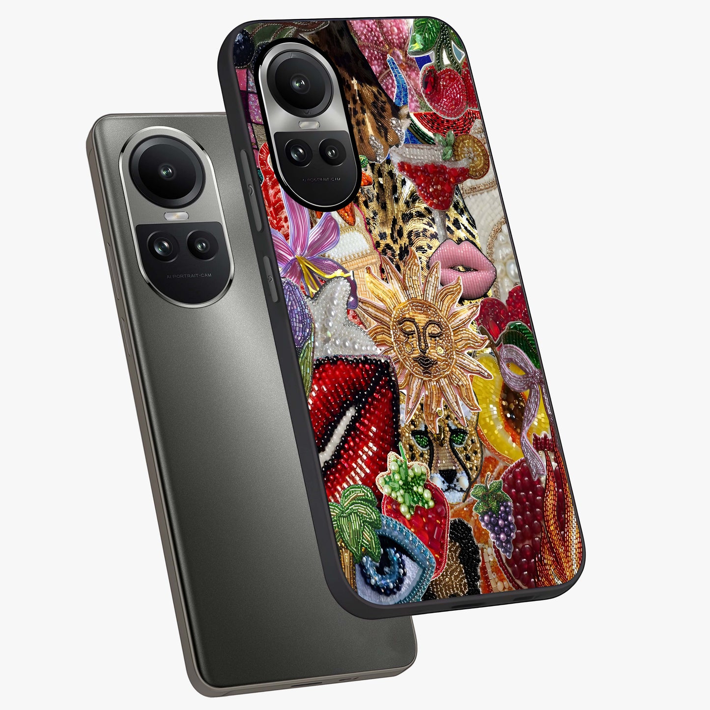 Beaded Fashion Jungle Glass Case displayed in angled mockup highlighting colorful fashion bead design and artistic pattern.