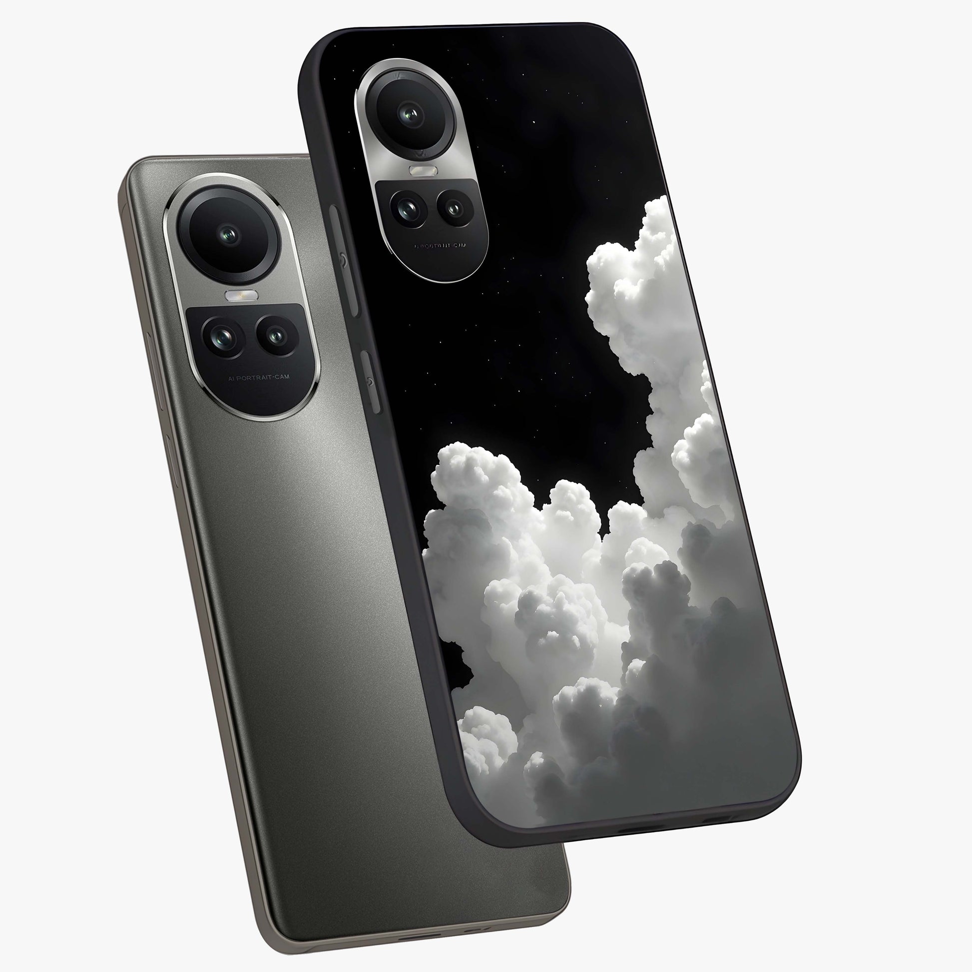 Black Background With White Cloud Glass Case displayed in angled mockup highlighting soft white cloud illustration and minimal design.