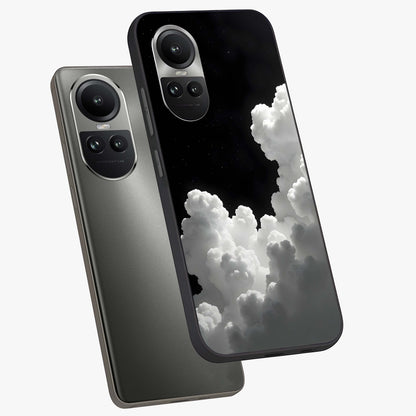 Black Background With White Cloud Glass Case displayed in angled mockup highlighting soft white cloud illustration and minimal design.