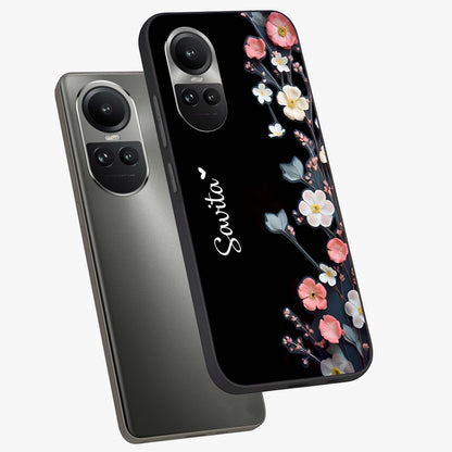 Black Elegance Floral Custom Name Glass Case displayed in angled mockup highlighting dark floral aesthetic and custom name feature.