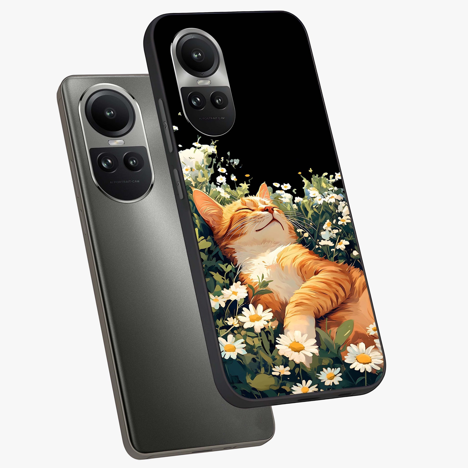 Blissful Bloom Cat Glass Case displayed in angled mockup highlighting playful feline illustration with soft floral aesthetic.