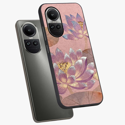 Blossom Mist Lotus Glass Case displayed in angled mockup highlighting delicate lotus illustration with calm aesthetic theme.