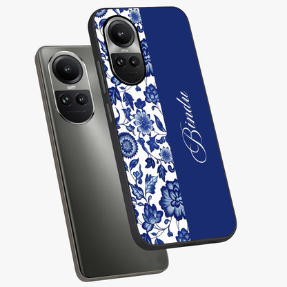 Blue Vintage Floral Pattern Glass Case displayed in angled mockup highlighting subtle bloom pattern with aesthetic pastel design.