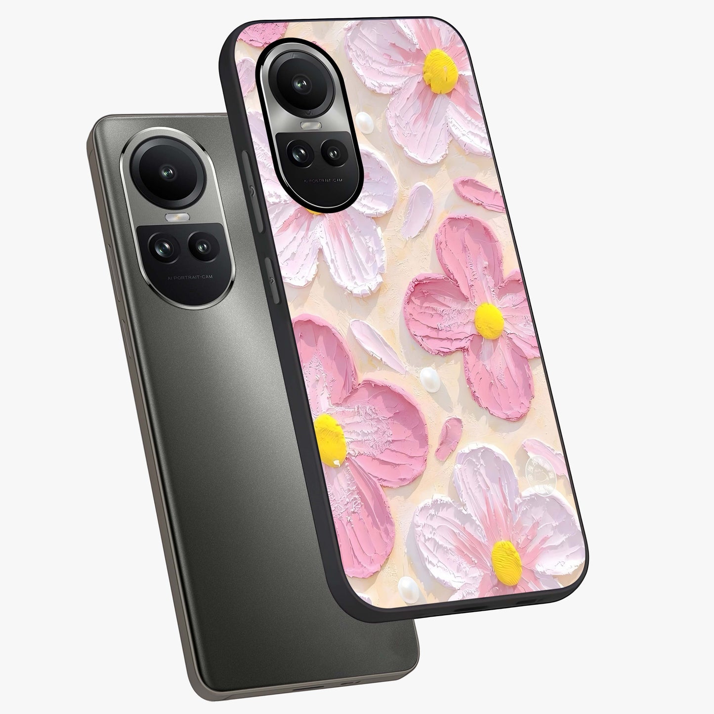 Blush Bloom Texture Glass Case displayed in angled mockup highlighting subtle bloom pattern with aesthetic pastel design.