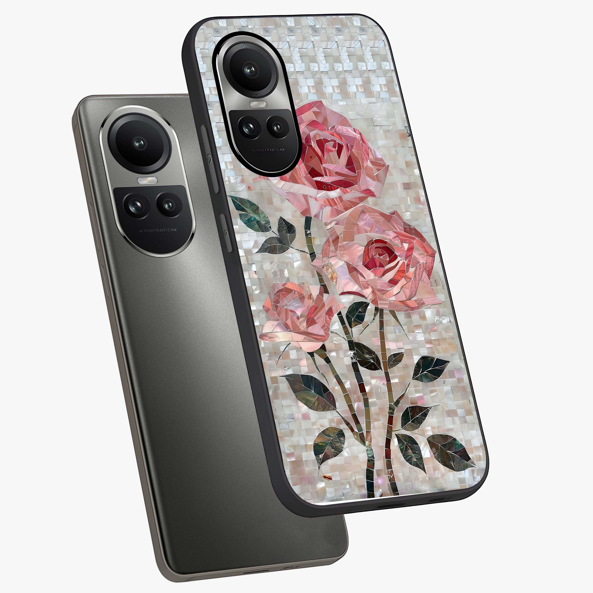 Blush Mosaic Bloom Glass Case displayed in angled mockup highlighting artistic mosaic flower pattern with aesthetic design.