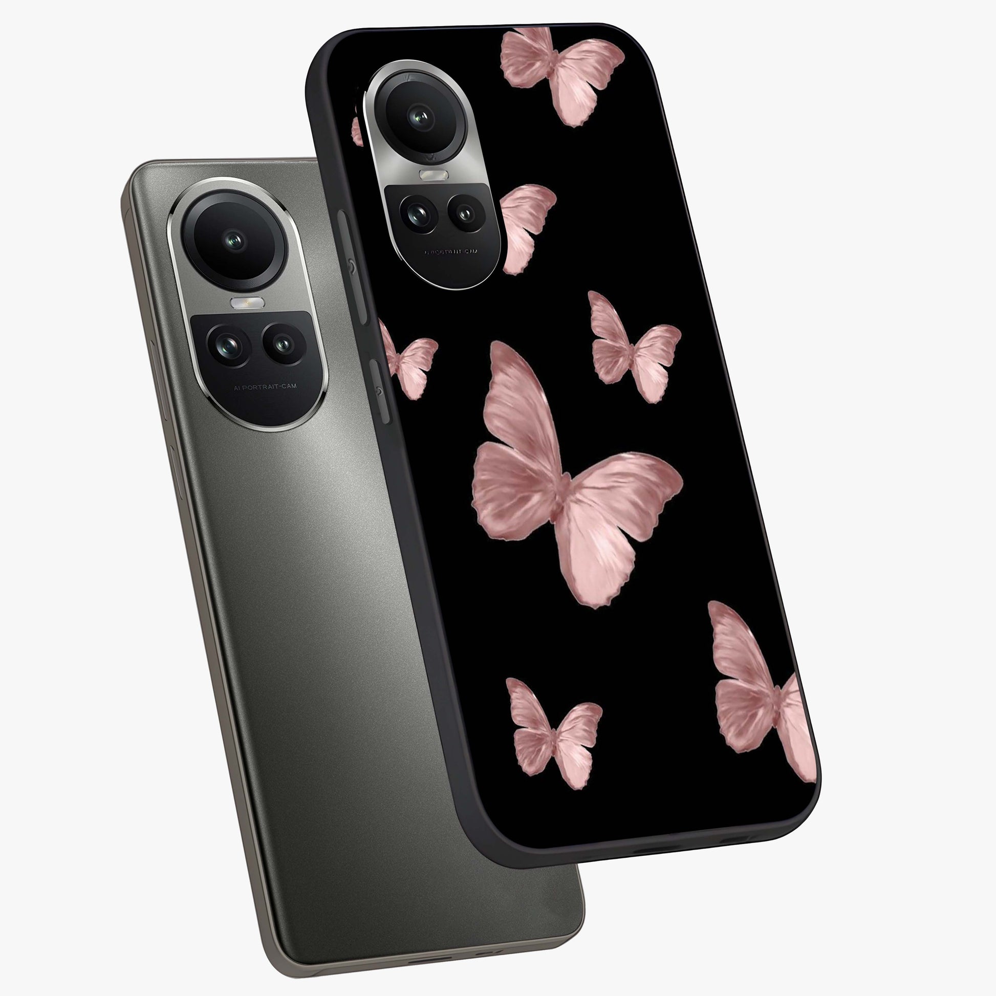 Butterfly Pattern Glass Case displayed in angled mockup highlighting delicate butterfly design and aesthetic pattern style.