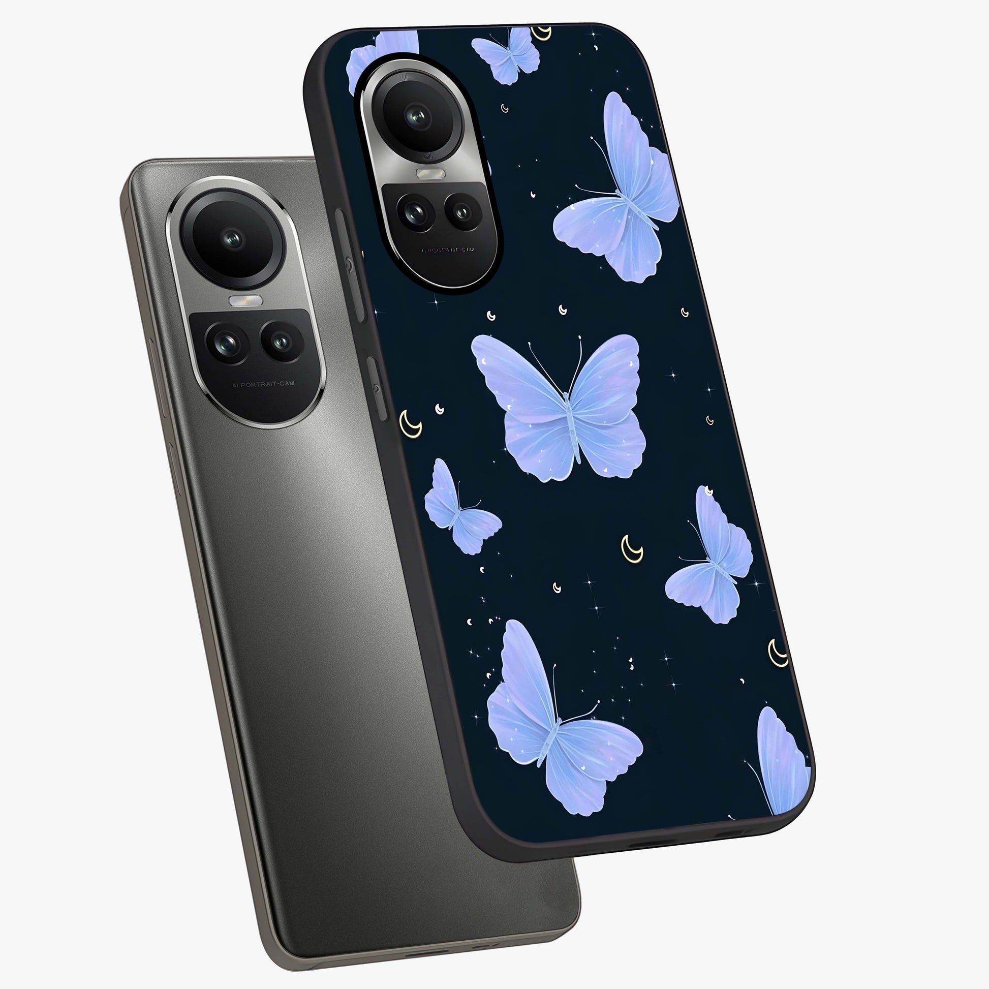 Butterfly With Stars Pattern Glass Case displayed in angled mockup highlighting dreamy butterfly and star design with aesthetic theme.