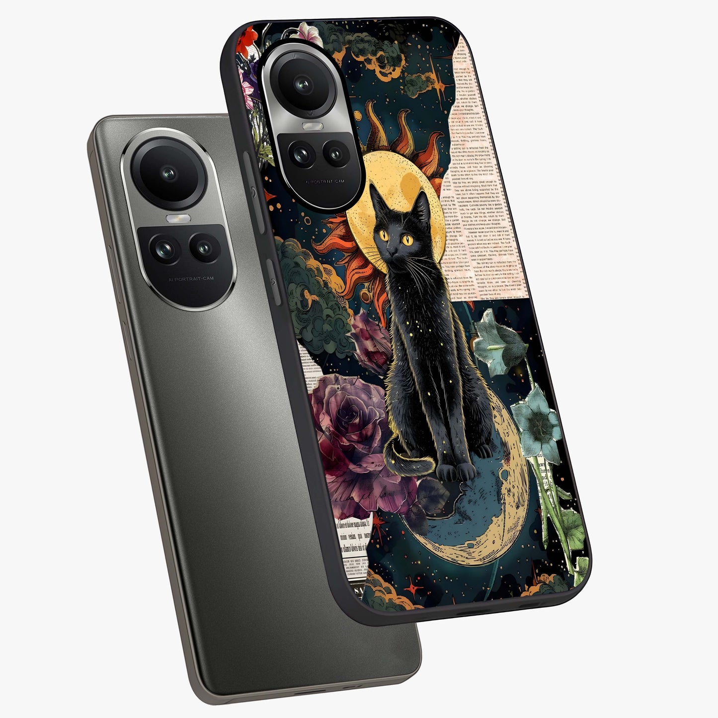 Celestial Black Cat Glass Case displayed in angled mockup highlighting cosmic black cat design with celestial aesthetic.