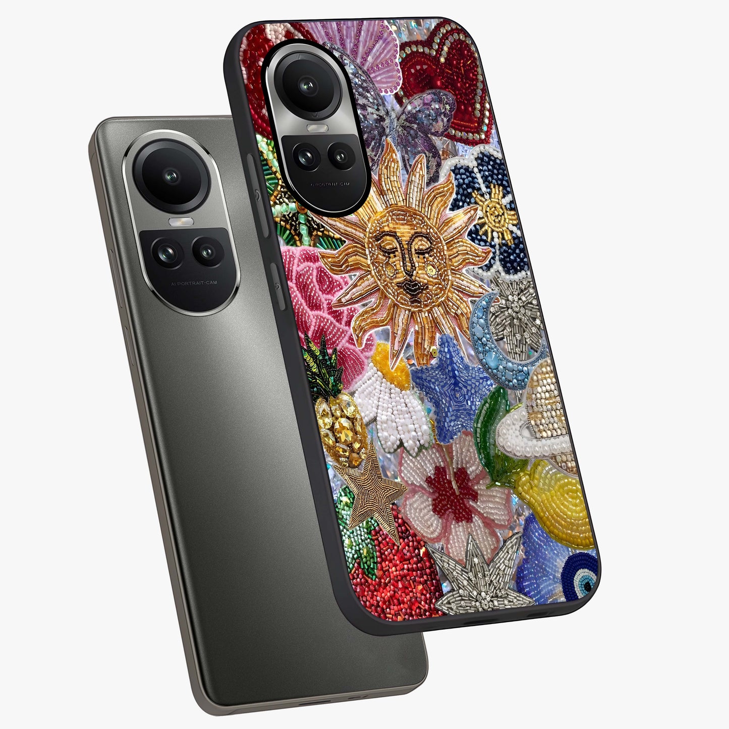 Celestial Floral and Playful Glass Case displayed in angled mockup highlighting playful floral design with dreamy celestial elements.
