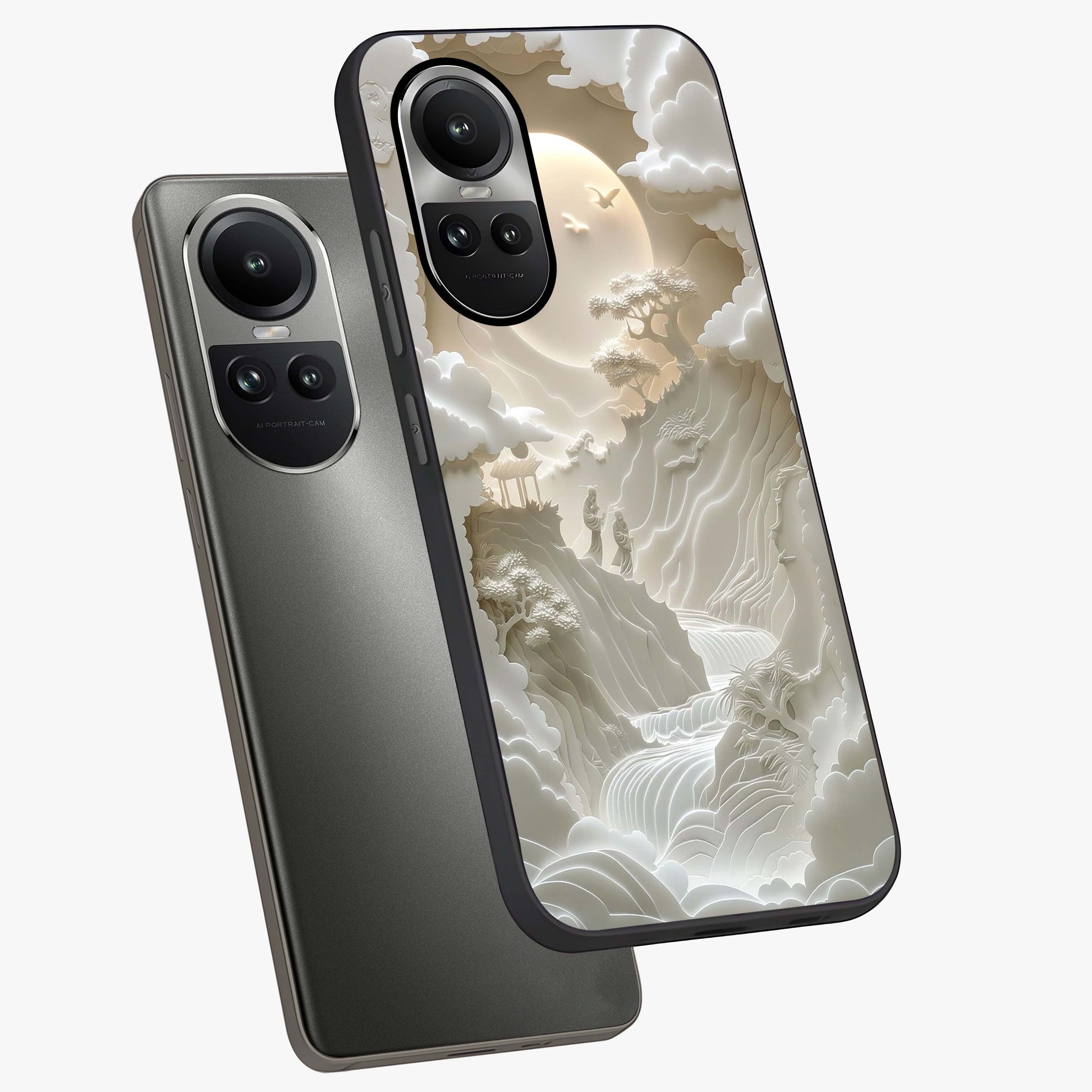 Celestial Origami Glass Case displayed in angled mockup highlighting geometric origami design with cosmic aesthetic theme.