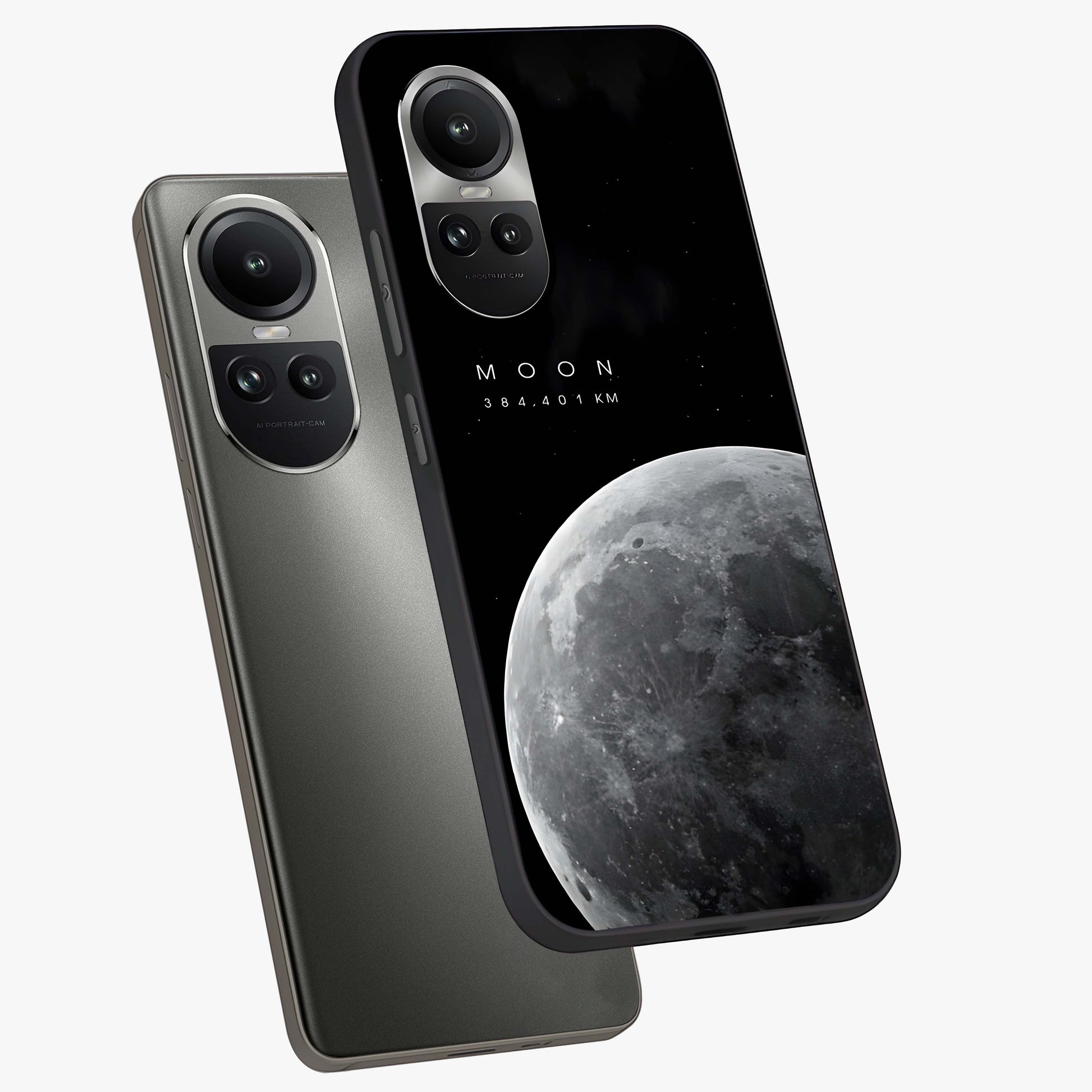Cosmic Moon Glow Glass Case displayed in angled mockup highlighting celestial moon design with cosmic aesthetic theme.