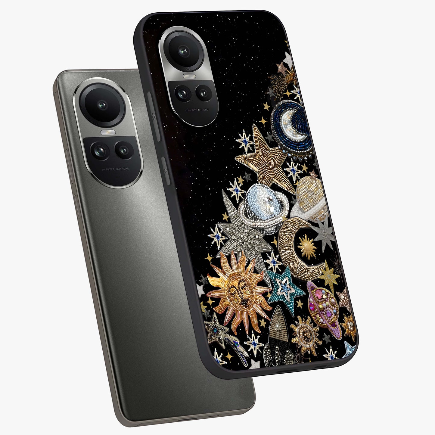 Cosmic Sparkle Dreams Glass Case displayed in angled mockup highlighting dreamy star sparkle design with celestial aesthetic.