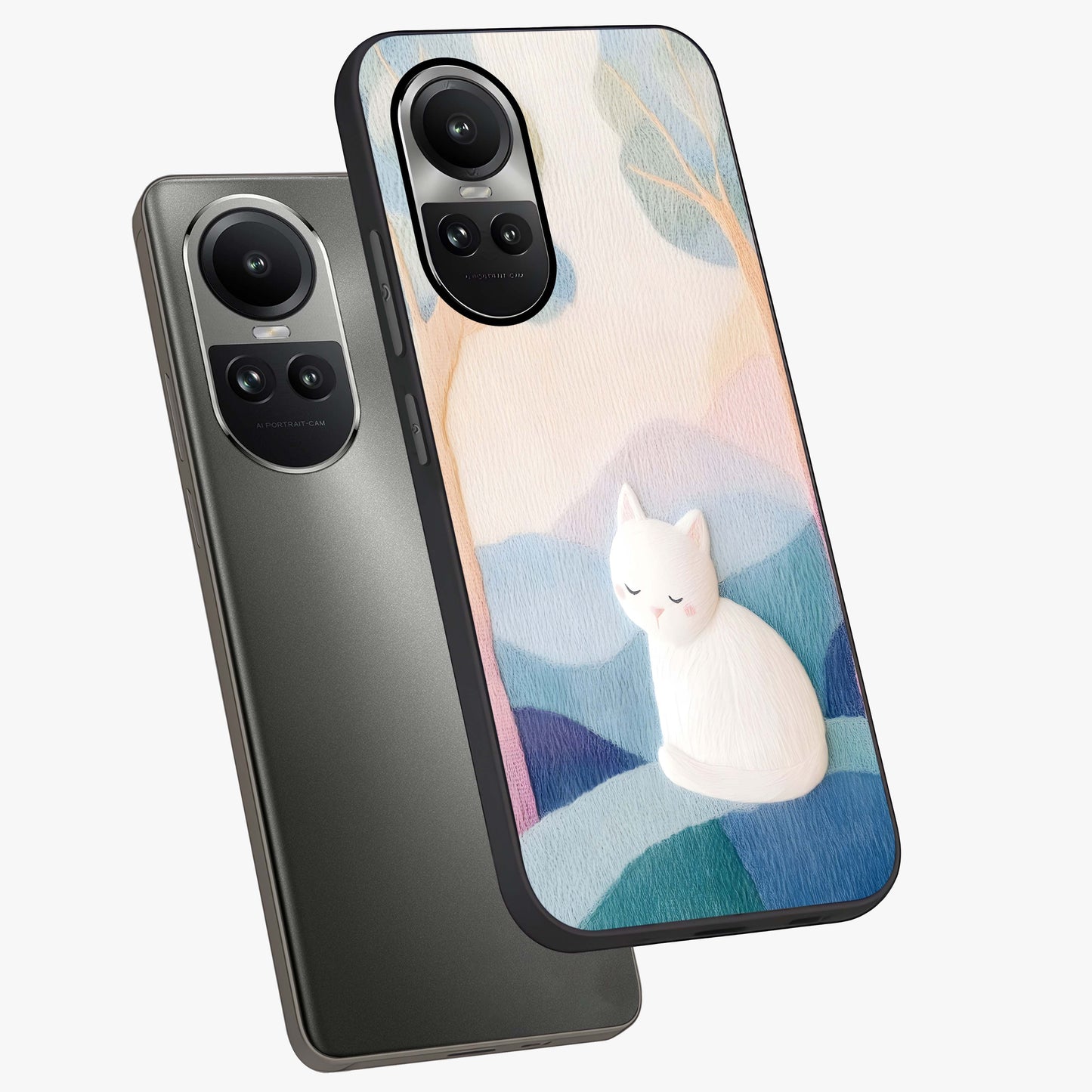 Cotton Dream Cat Glass Case displayed in angled mockup highlighting cute feline illustration with pastel aesthetic style.