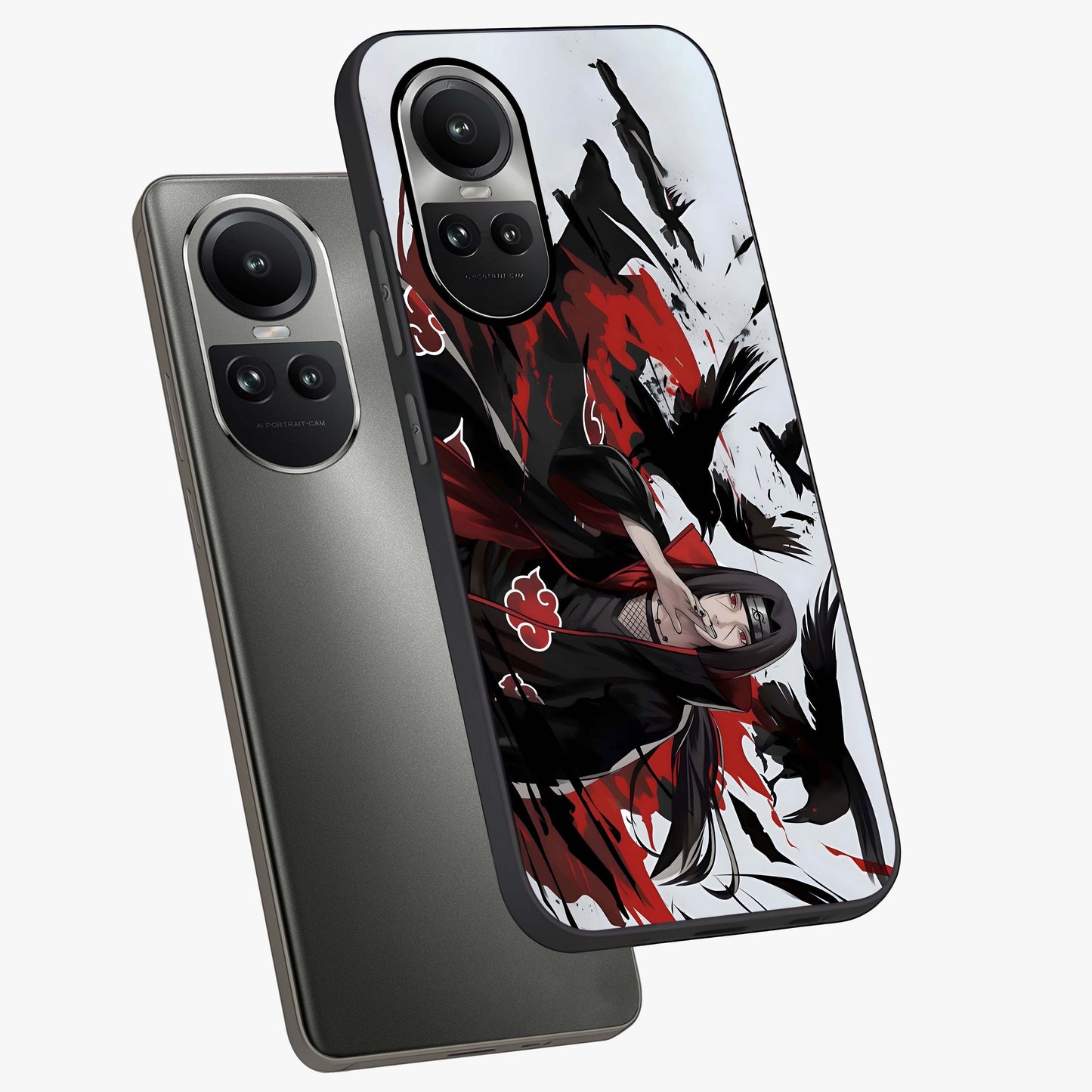 Crimson Crow Illusion Glass Case displayed in angled mockup highlighting mysterious crow graphic with dark aesthetic style.