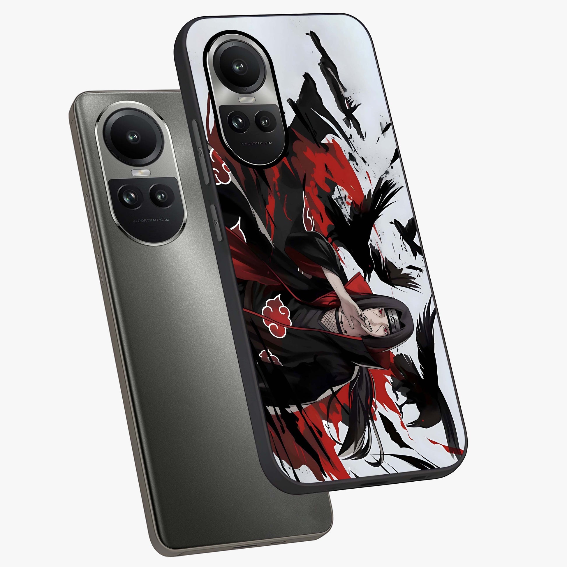 Crimson Crow Illusion Glass Case displayed in angled mockup highlighting mysterious crow graphic with dark aesthetic style.