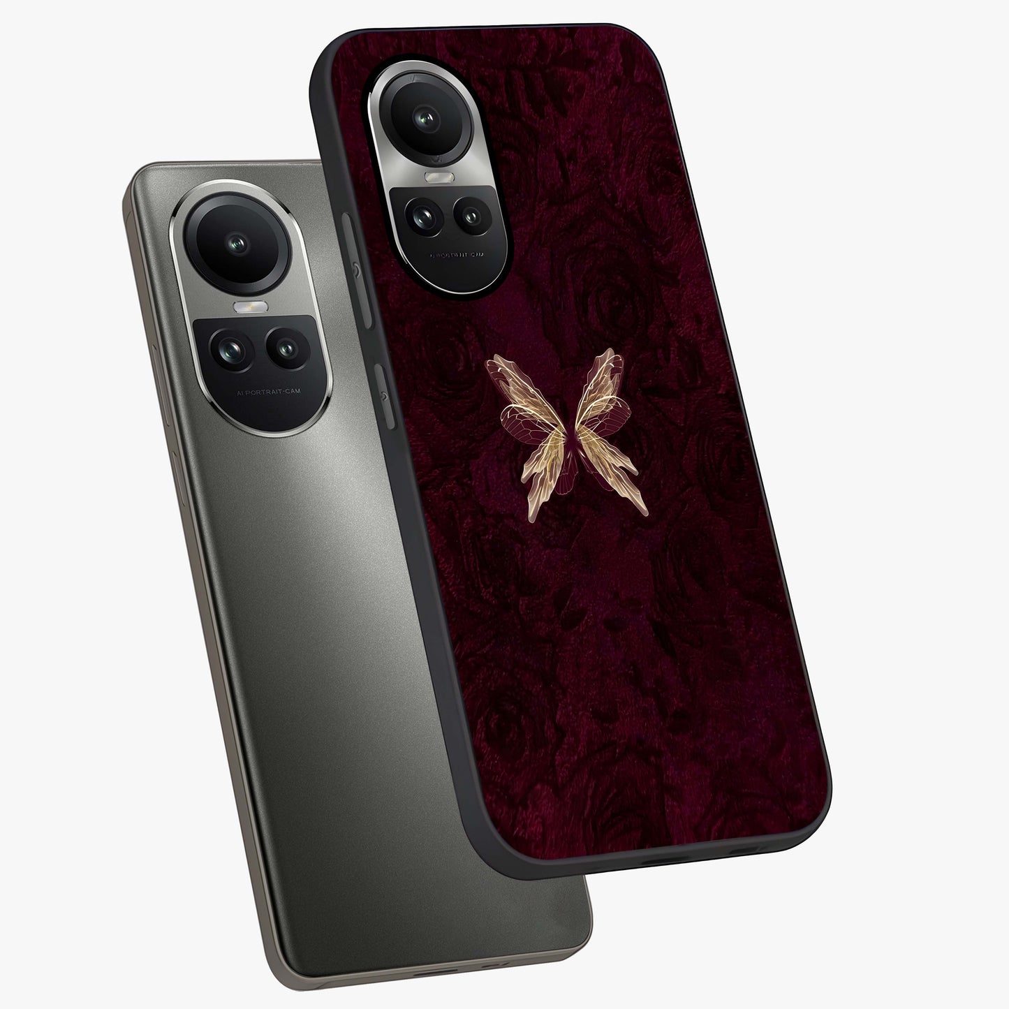 Crimson Fade Butterfly Glass Case displayed in angled mockup highlighting elegant butterfly design with crimson gradient aesthetic.