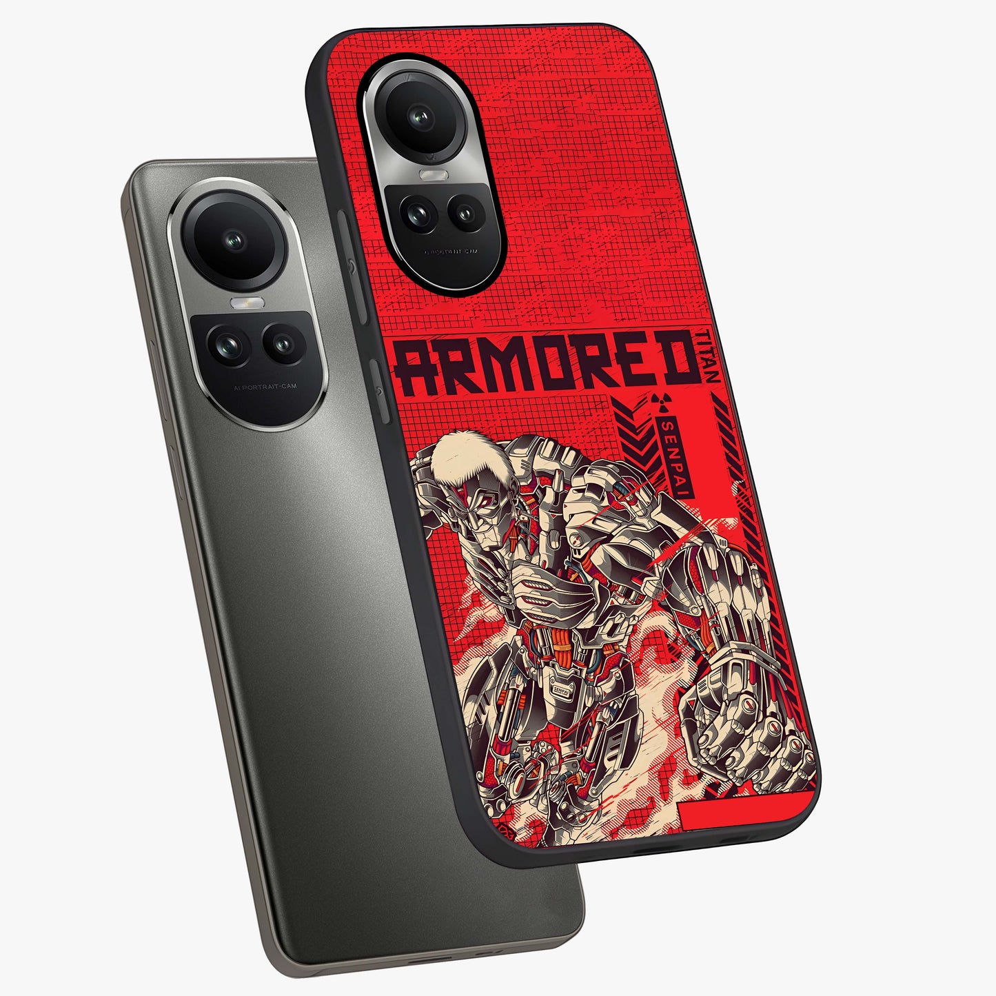 Crimson Mecha Titan Glass Case displayed in angled mockup highlighting futuristic mech illustration with bold crimson aesthetic.