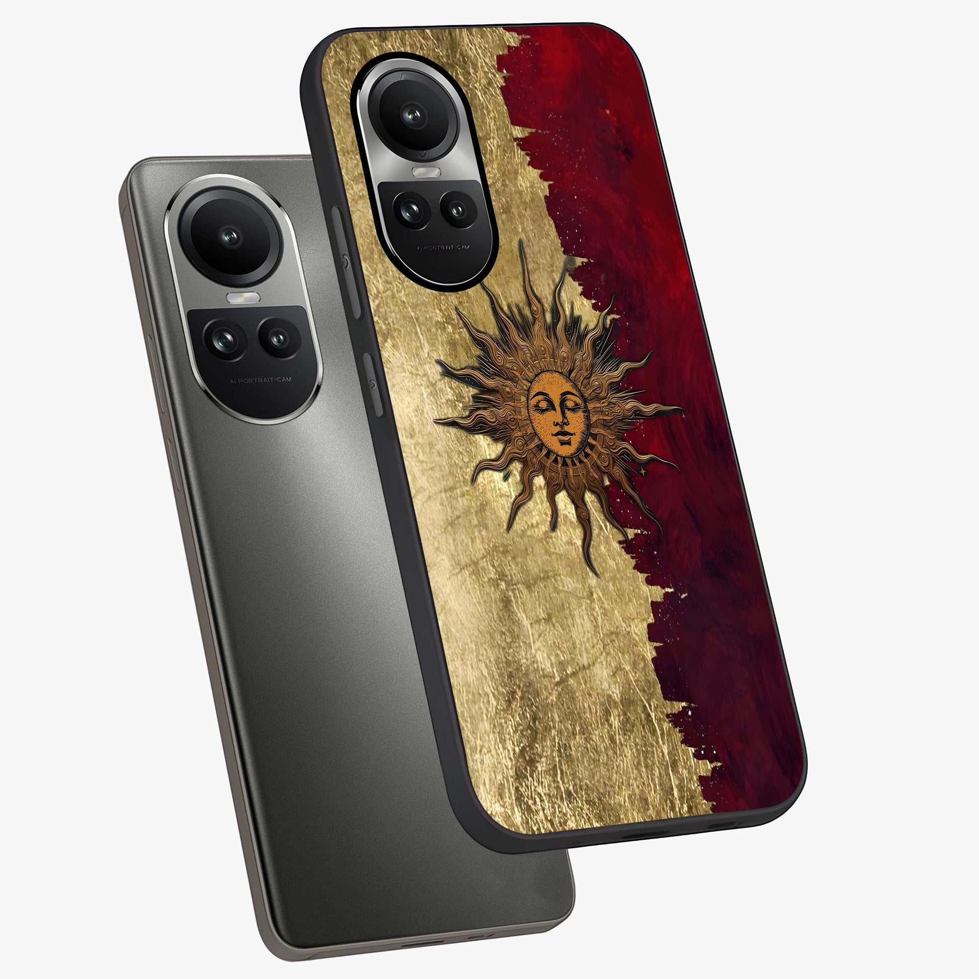 Crimson Sun Majesty Glass Case displayed in angled mockup highlighting majestic crimson sun design with bold aesthetic style.