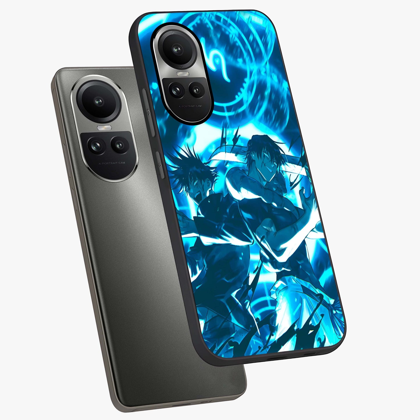 Cursed Energy Clash Glass Case displayed in angled mockup highlighting powerful battle inspired graphic with anime style aesthetic.
