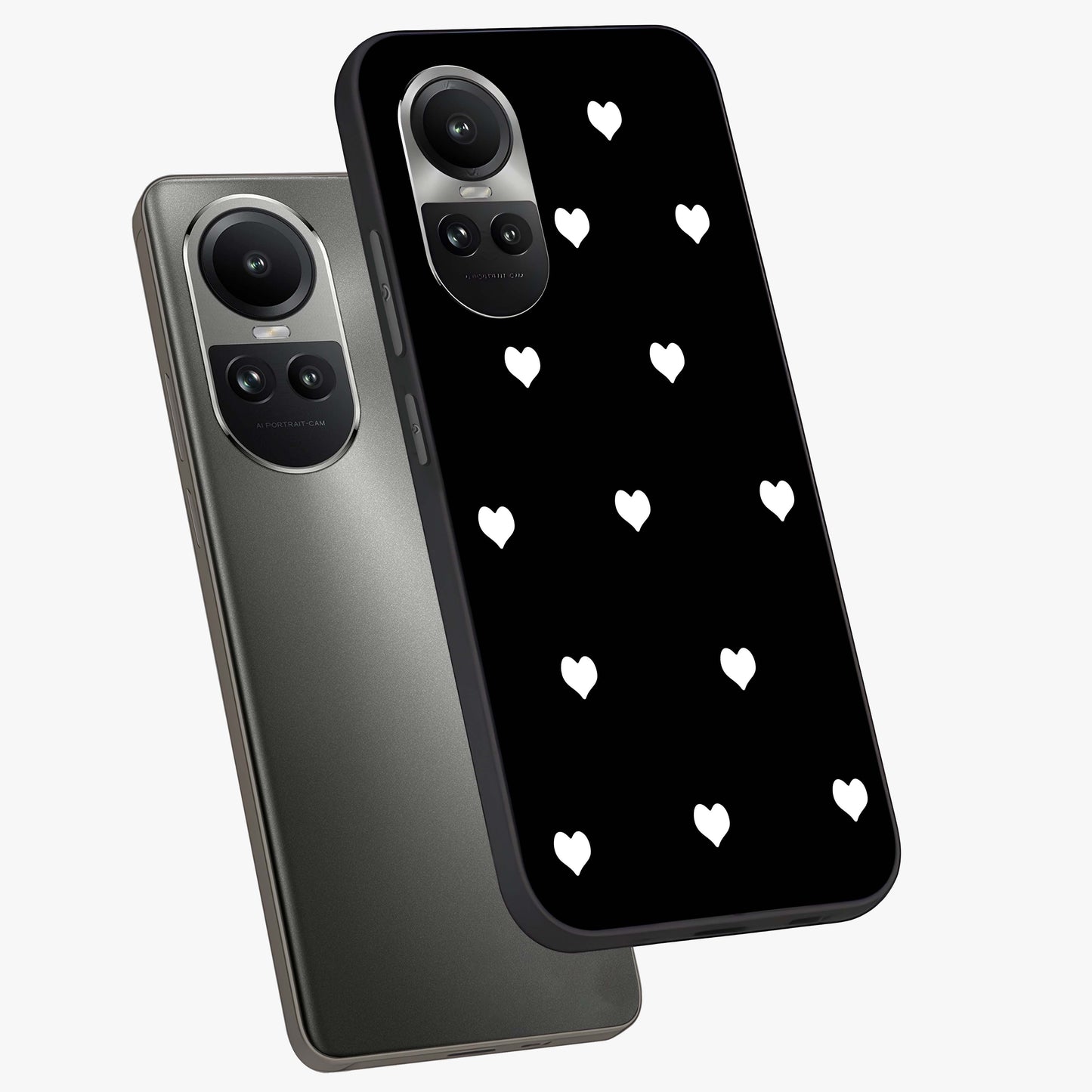 Cute And Simple White Hearts Glass Case displayed in angled mockup highlighting cute heart design with clean aesthetic style.