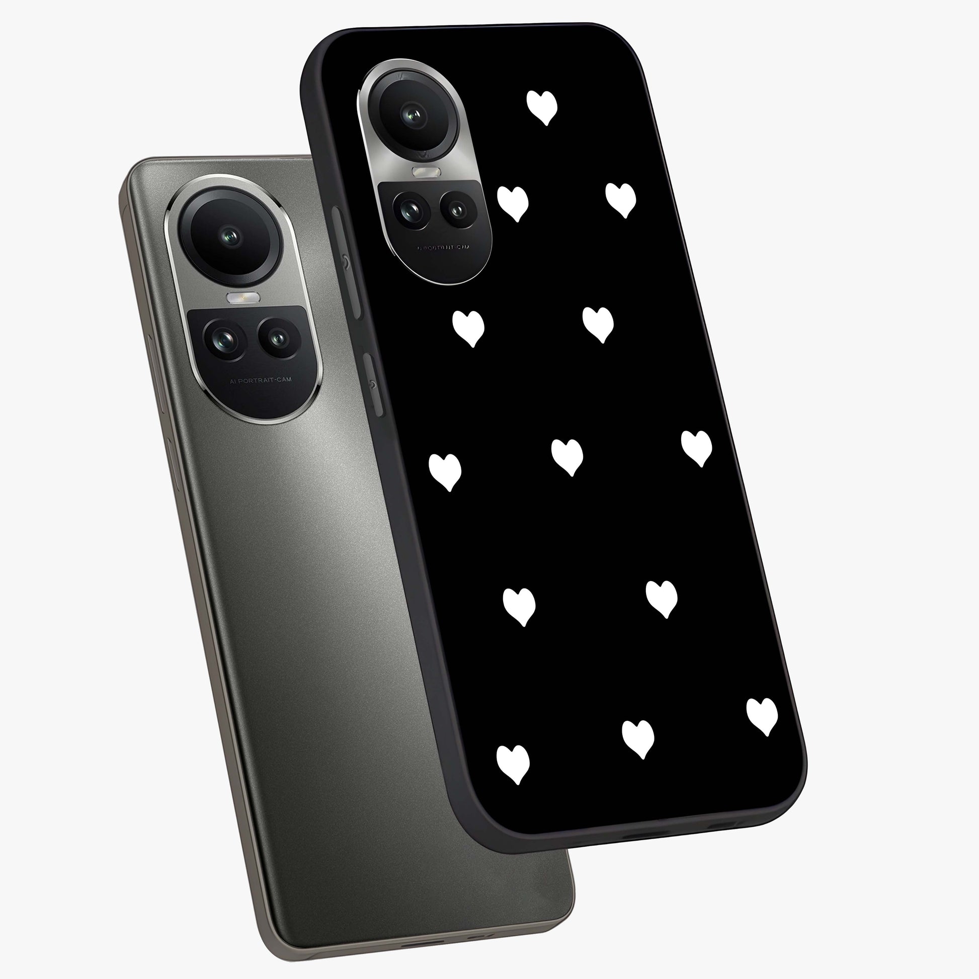 Cute And Simple White Hearts Glass Case displayed in angled mockup highlighting cute heart design with clean aesthetic style.