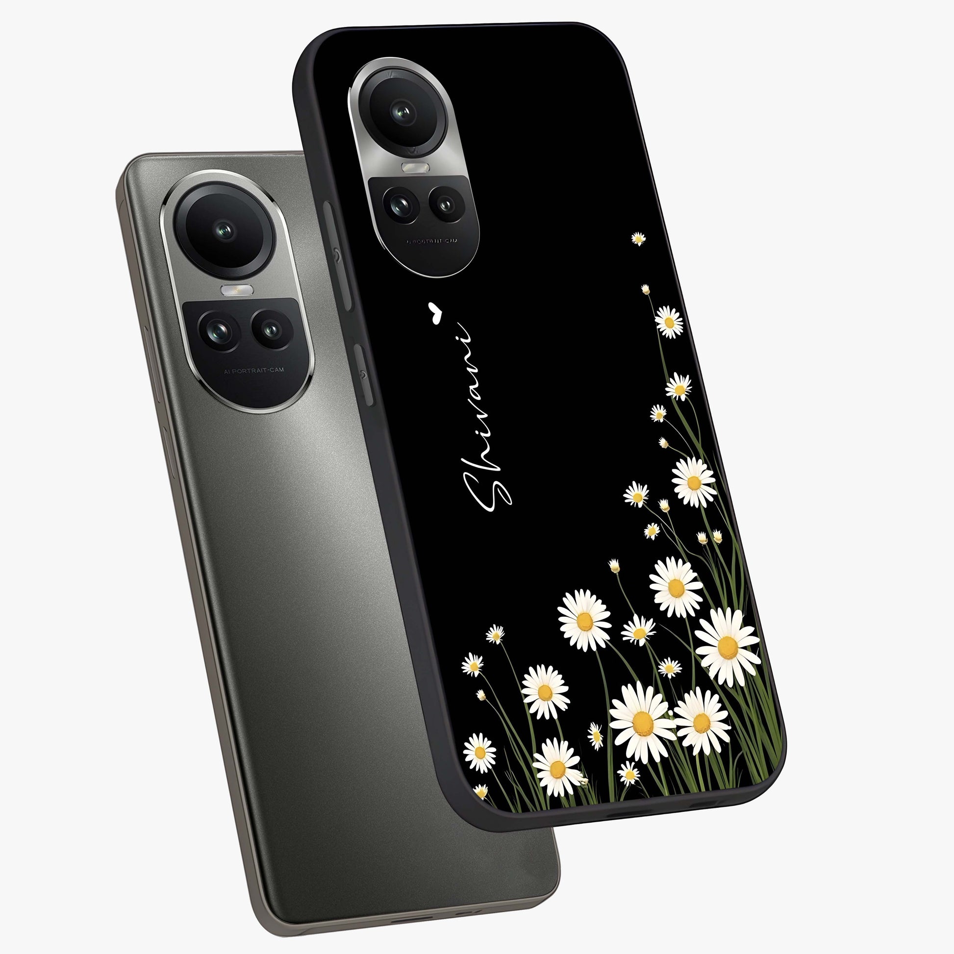Daisy Cascade Custom Name Glass Case displayed in angled mockup highlighting delicate daisy artwork with custom name feature.