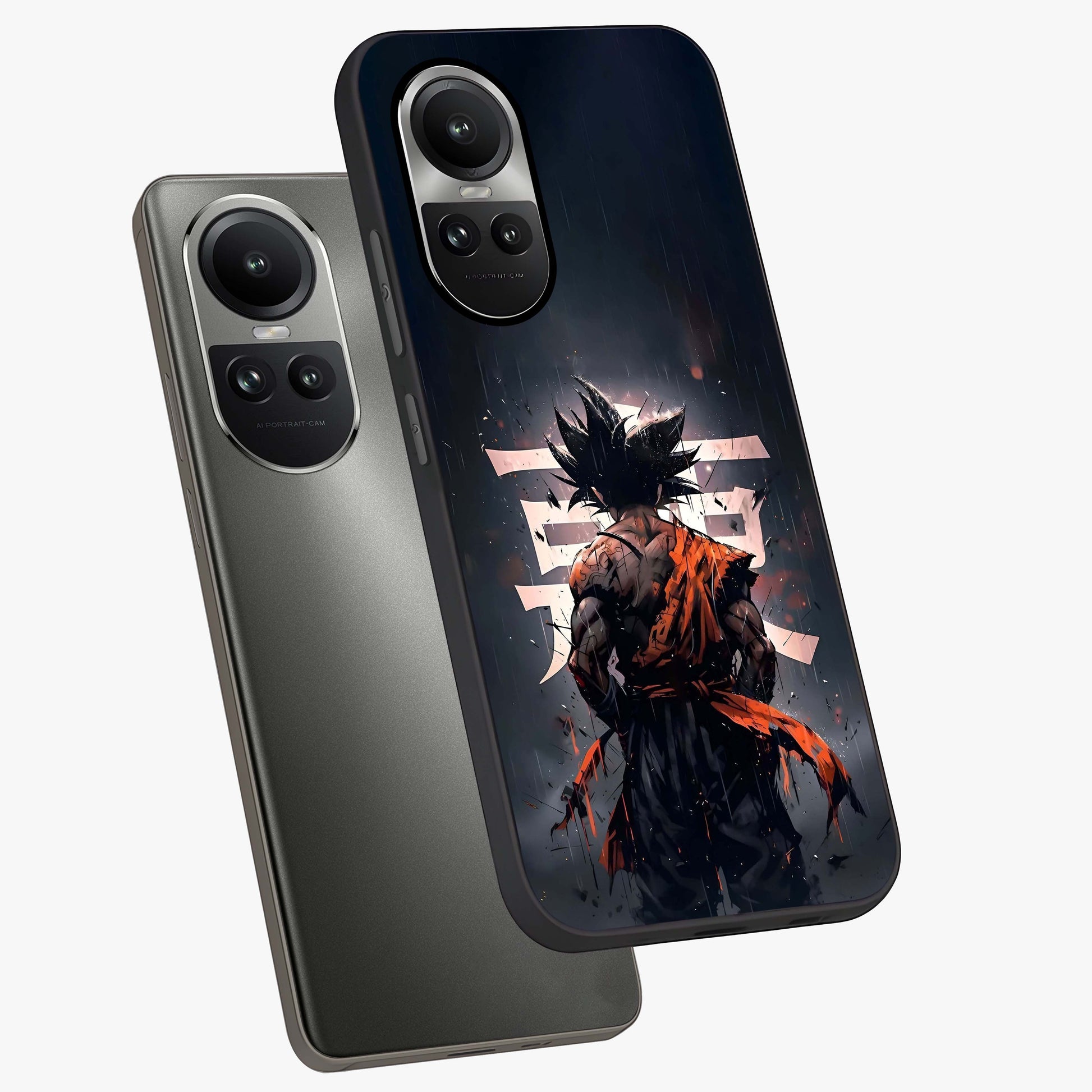 Dark Warrior In Rain Glass Case displayed in angled mockup highlighting dramatic warrior illustration with dark rain aesthetic.