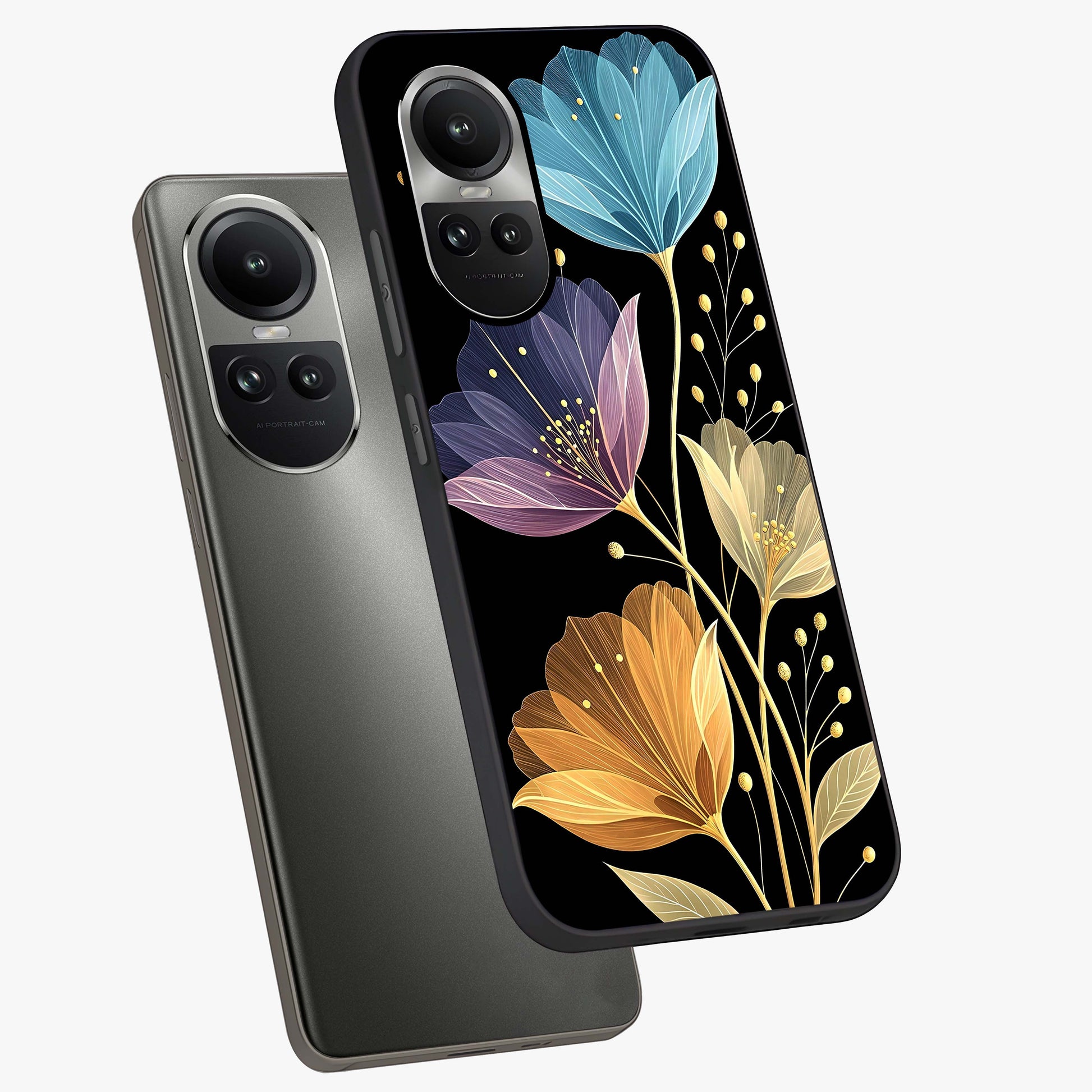 Delicate Multicolor Flowers Glass Case displayed in angled mockup highlighting colorful flower pattern with soft aesthetic style.