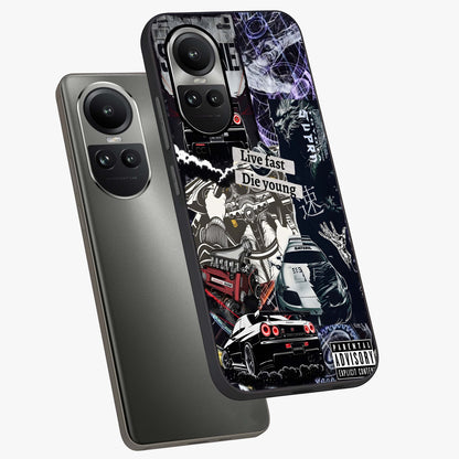 Die Young Glass Case displayed in angled mockup highlighting expressive graphic artwork with edgy aesthetic style.