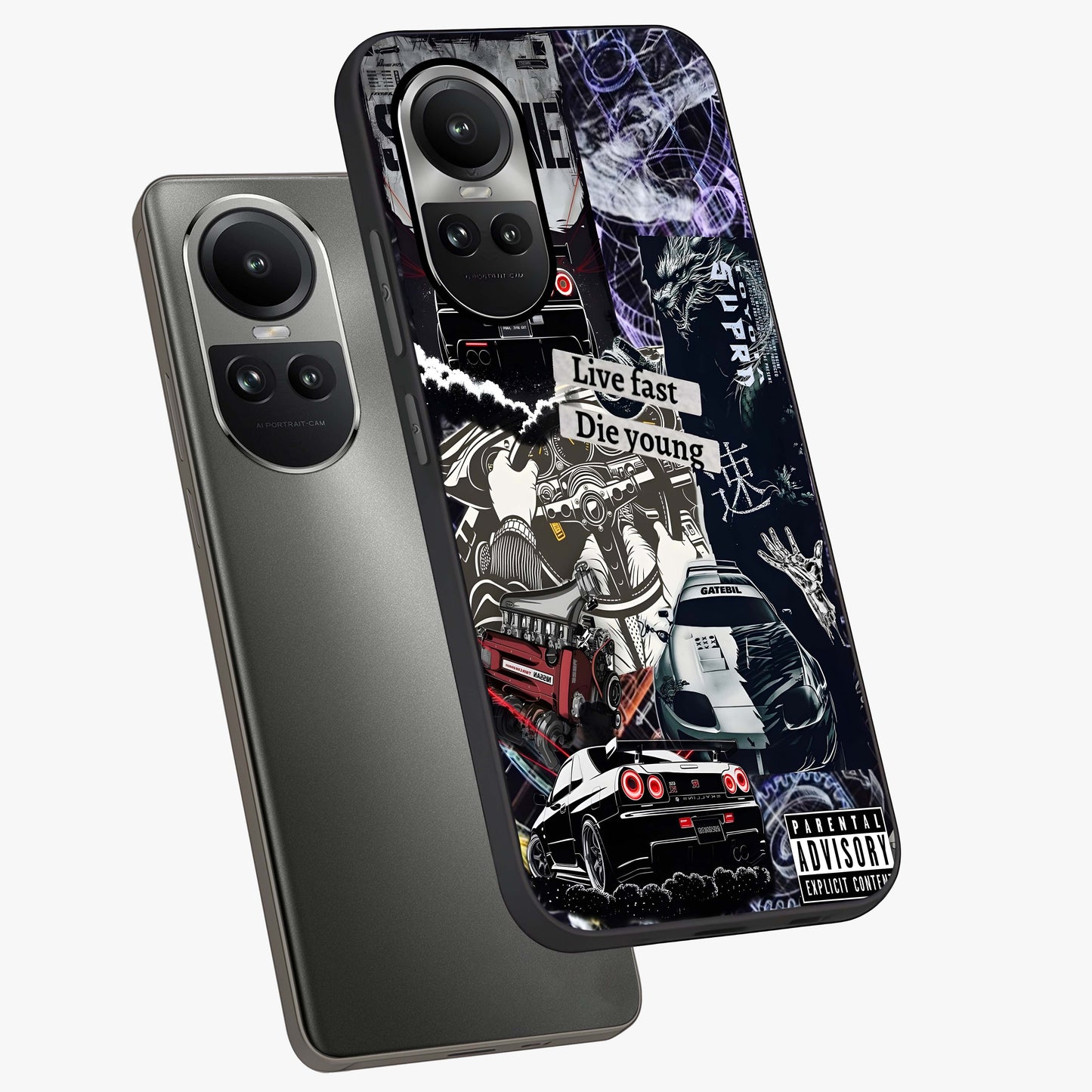 Die Young Glass Case displayed in angled mockup highlighting expressive graphic artwork with edgy aesthetic style.