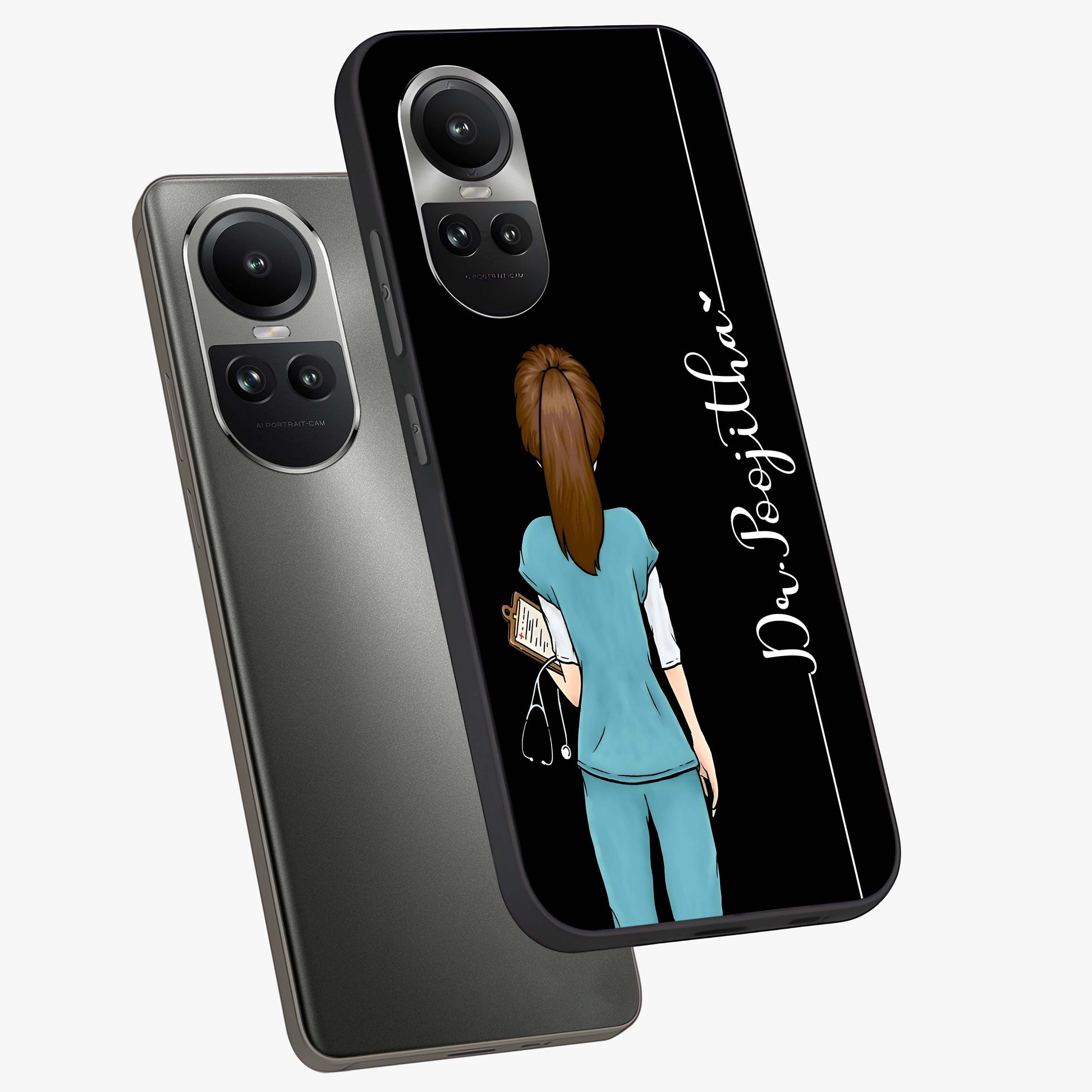 Doctor Pattern Custom Name Glass Case displayed in angled mockup highlighting doctor inspired artwork with custom name feature.