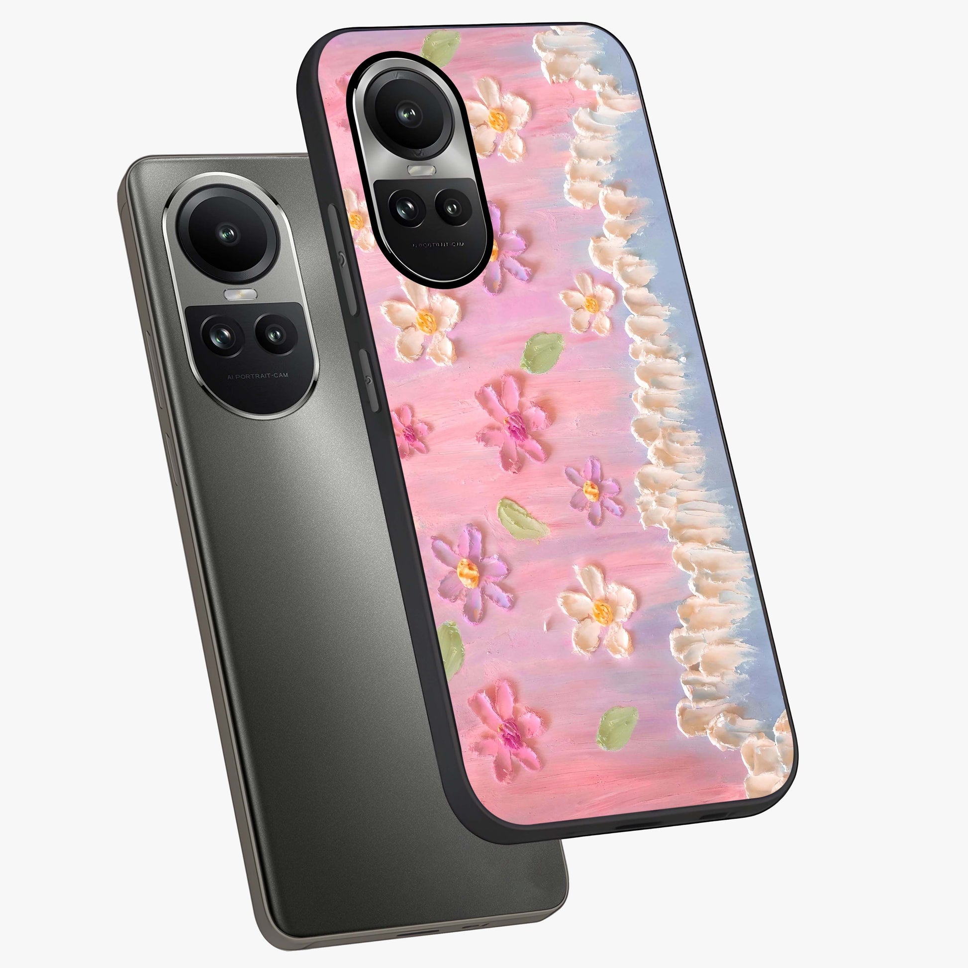 Dreamy Painted Garden Glass Case displayed in angled mockup highlighting colorful garden illustration with dreamy aesthetic style.