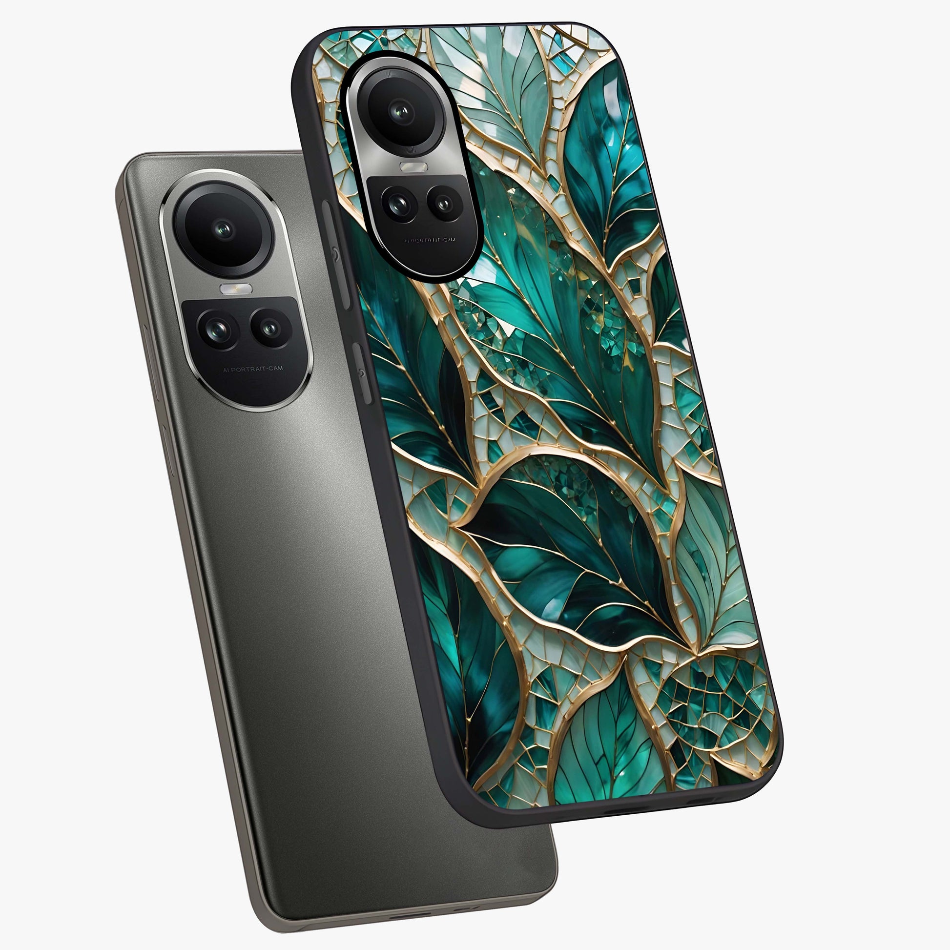 Emerald Leaf Glass Glass Case displayed in angled mockup highlighting botanical leaf illustration with elegant natural aesthetic.
