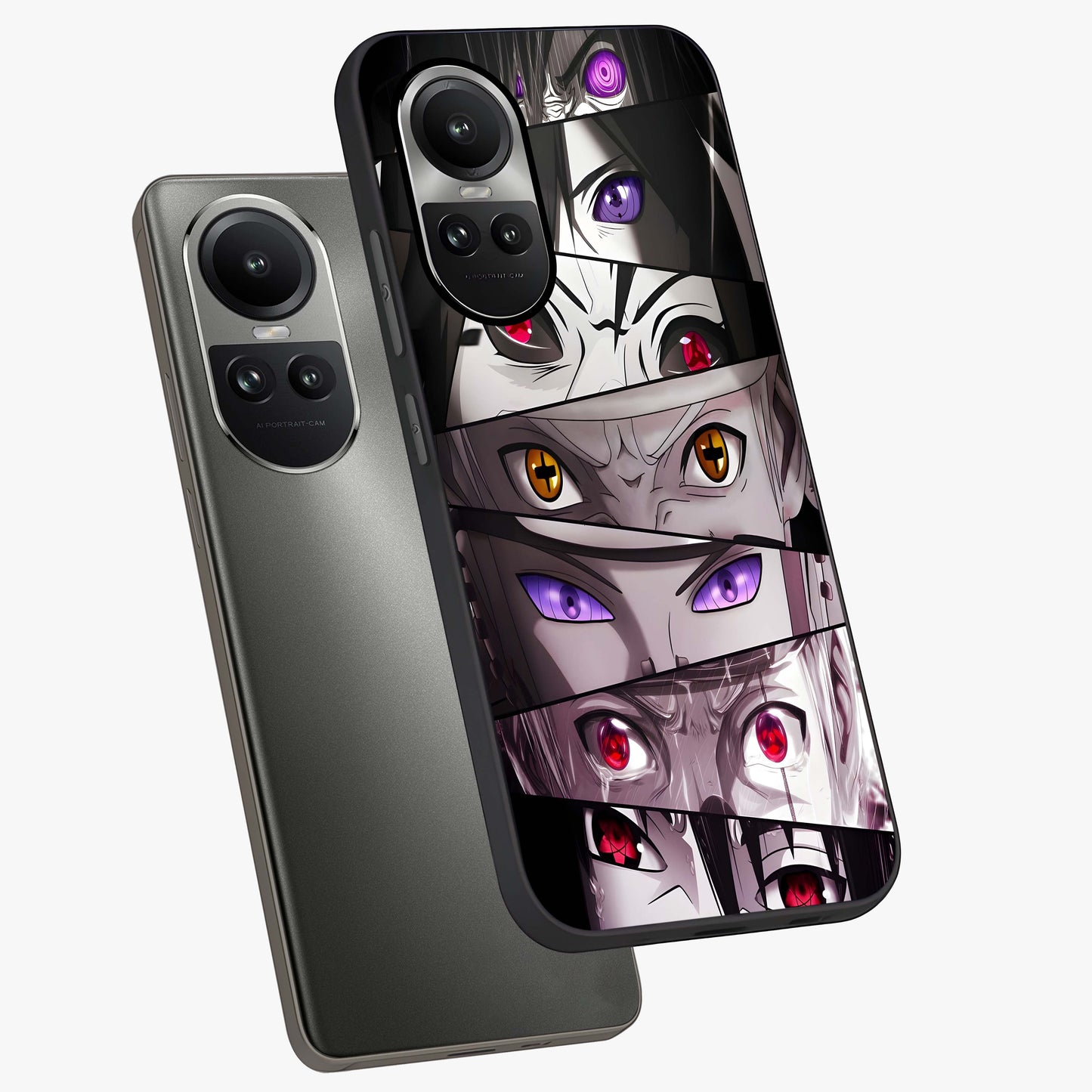 Eyes of Destiny Glass Case displayed in angled mockup highlighting bold eye illustration with mystical aesthetic style.