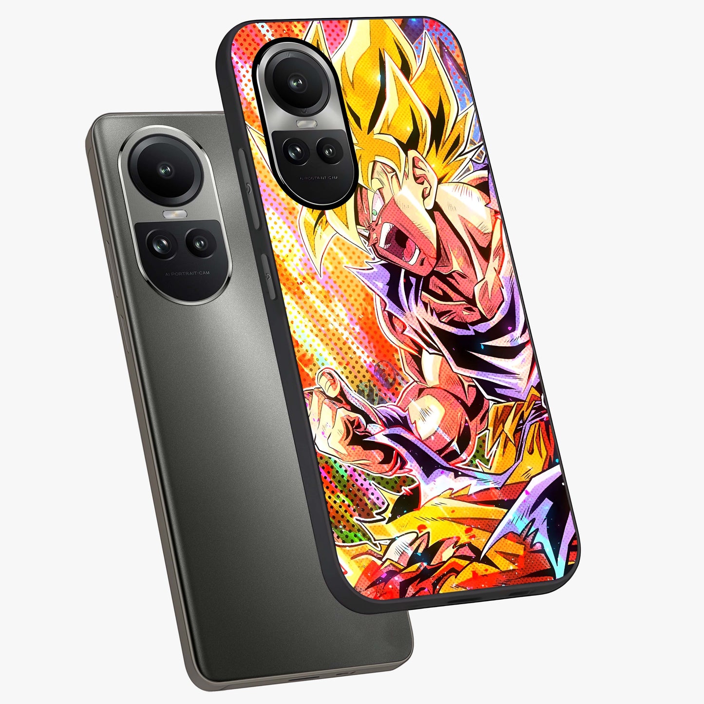 Firing Goku Glass Case displayed in angled mockup highlighting dynamic anime character design with action aesthetic.