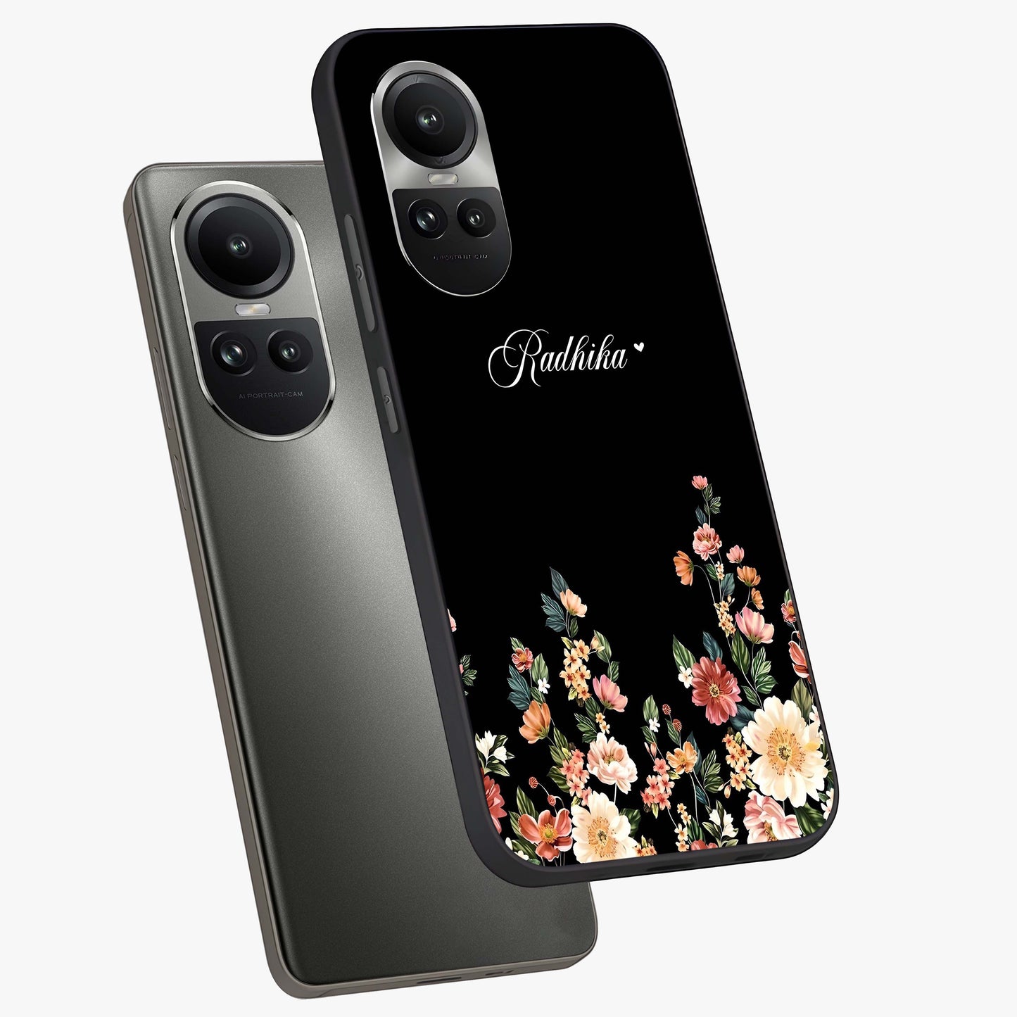 Floral Design With a Custom Personalized Name Glass Case displayed in angled mockup highlighting elegant floral pattern with custom name feature.