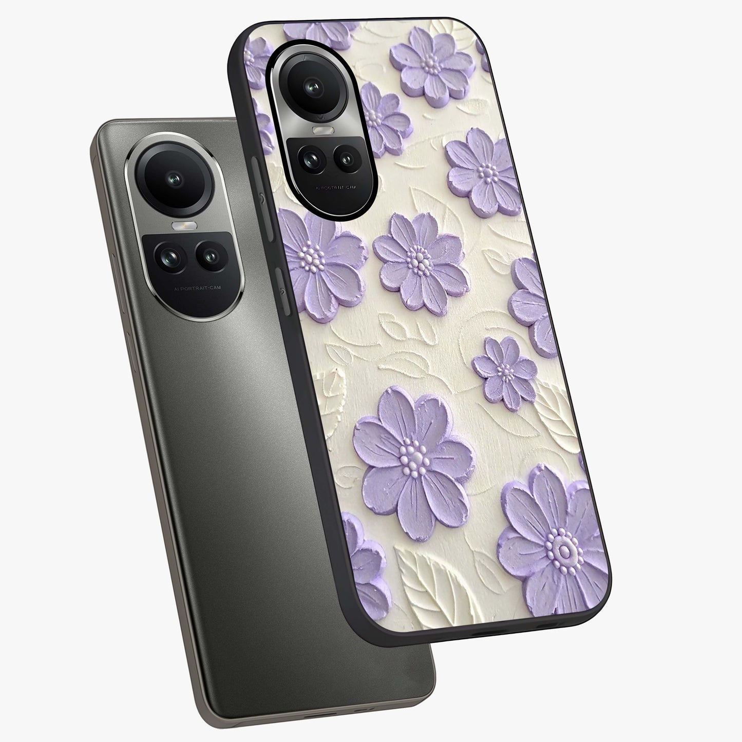 Floral Wall Art With Purple Flowers Glass Case displayed in angled mockup highlighting vibrant purple floral illustration with artistic aesthetic.
