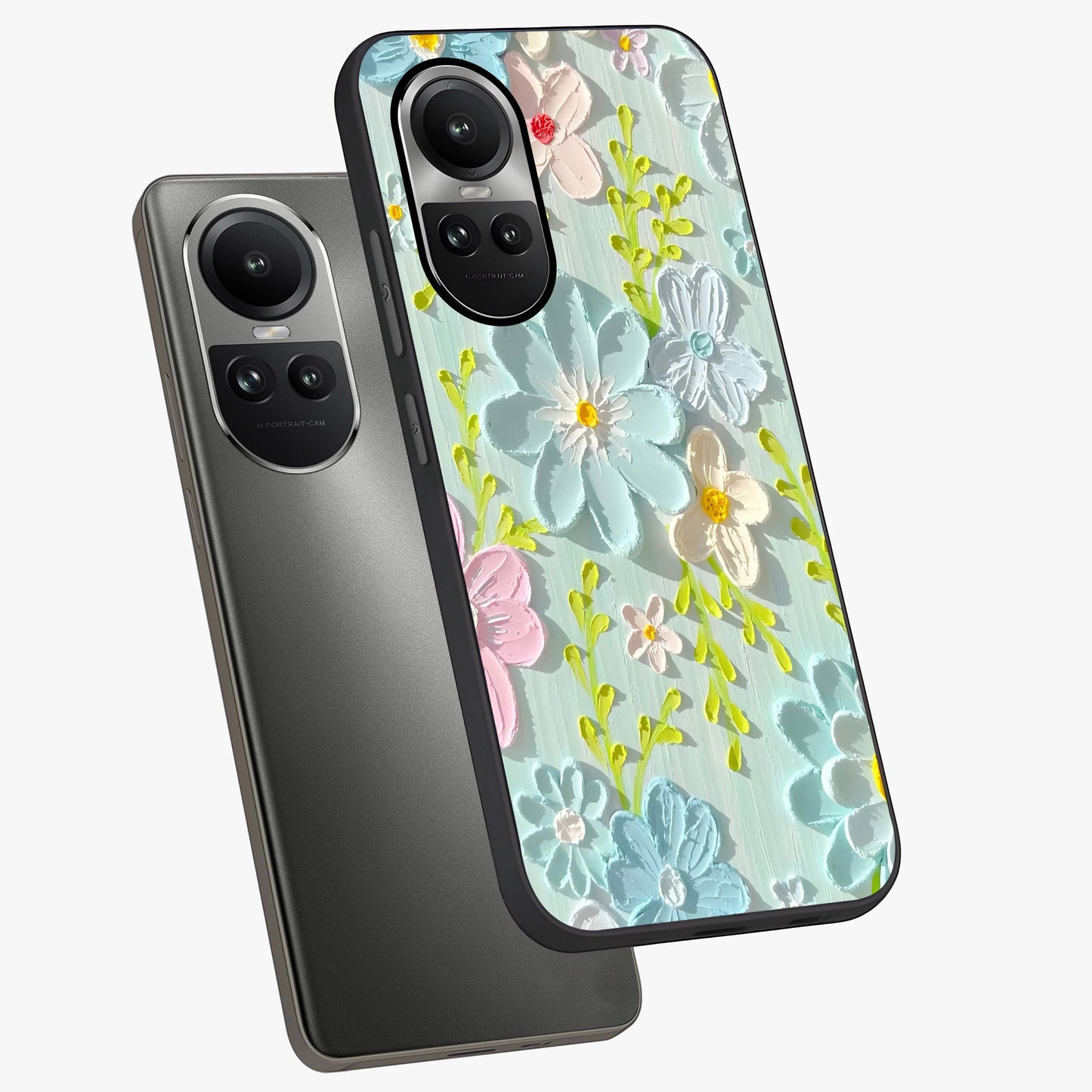 Frosted Petal Garden Glass Case displayed in angled mockup highlighting delicate flower petal design with calm garden aesthetic.