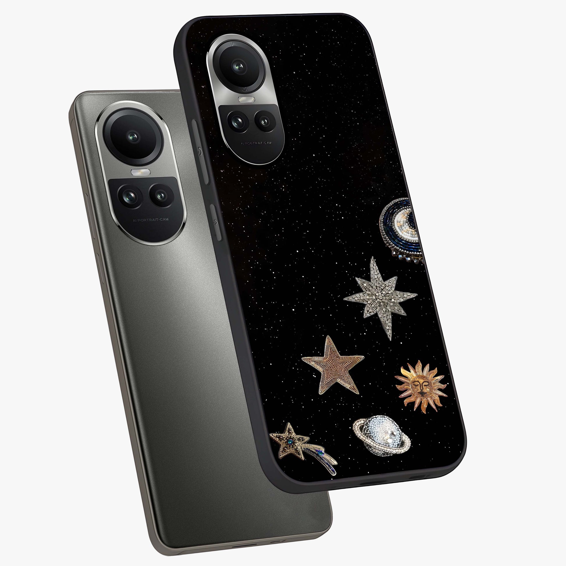 Galactic Charm Glow Glass Case displayed in angled mockup highlighting luminous galaxy inspired design with dreamy aesthetic.
