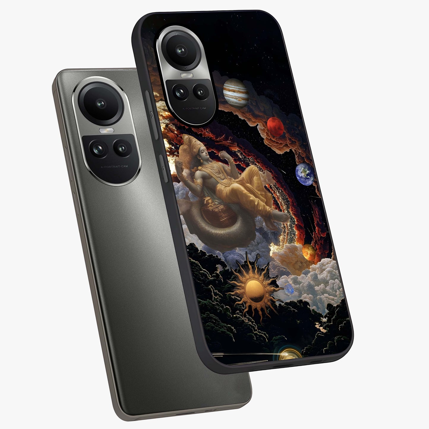 Galactic Divine God Glass Case displayed in angled mockup highlighting powerful celestial deity illustration with galactic aesthetic.