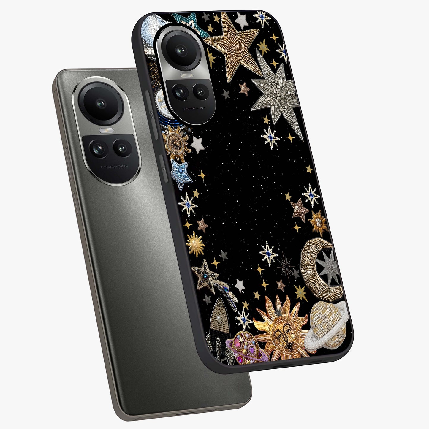 Galactic Jewel Stars Glass Case displayed in angled mockup highlighting shining celestial star design with cosmic aesthetic style.