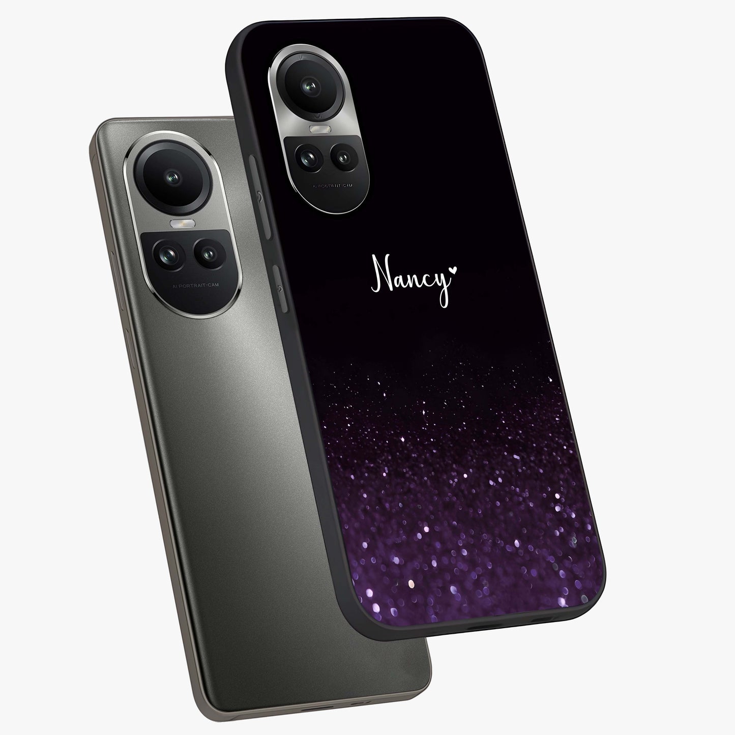 Glittery Purple Bokeh Custom Name Glass Case displayed in angled mockup highlighting glitter bokeh pattern with custom name feature.