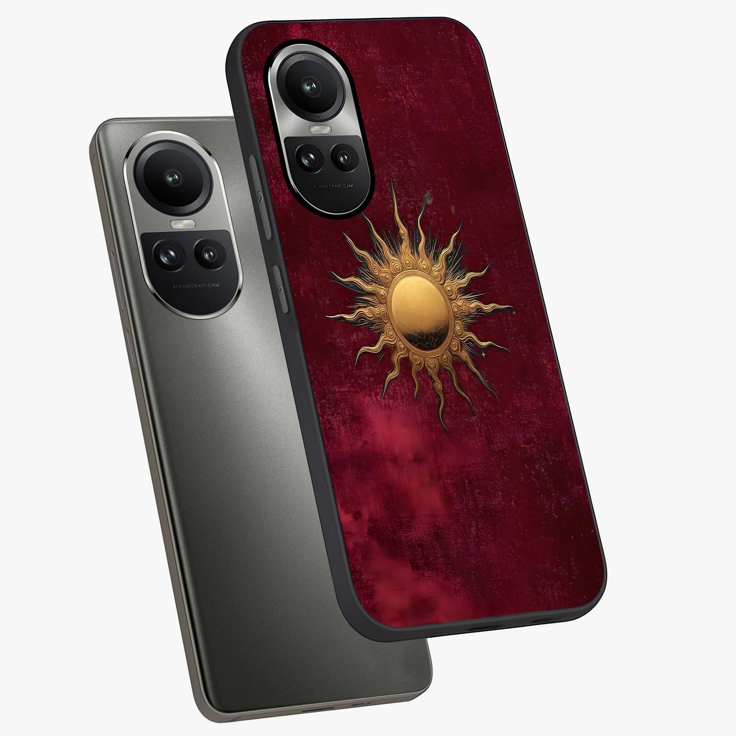 Golden Sun Minimalism Glass Case displayed in angled mockup highlighting clean sun symbol design with modern minimal aesthetic.