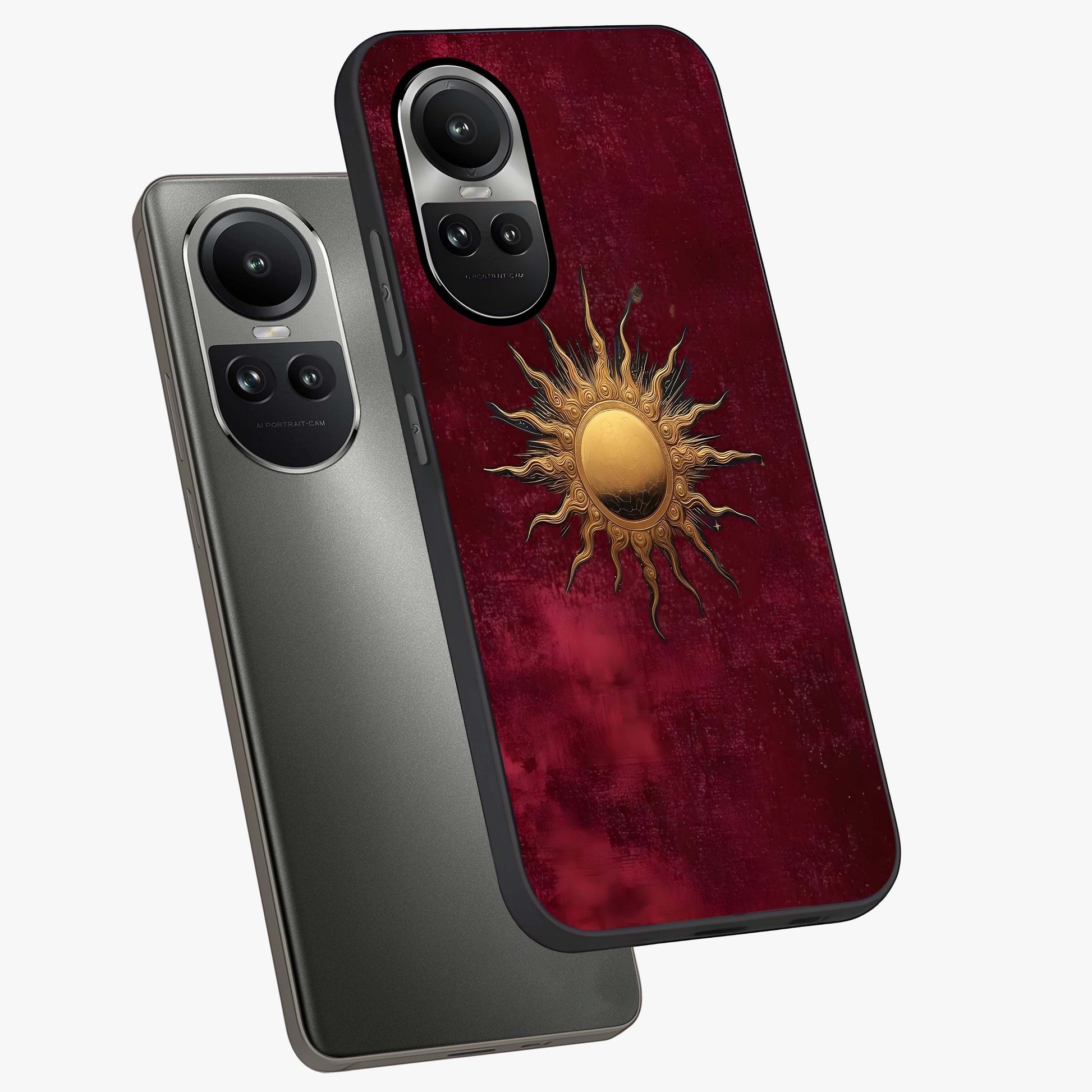 Golden Sun Minimalism Glass Case displayed in angled mockup highlighting clean sun symbol design with modern minimal aesthetic.
