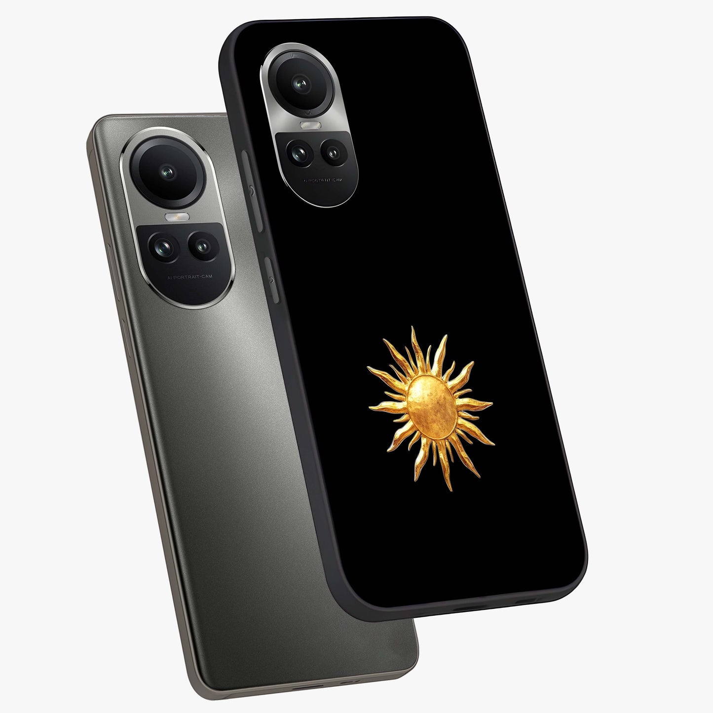 Golden Sun Minimalism Glass Case displayed in angled mockup highlighting eerie shadow illustration with gothic aesthetic.