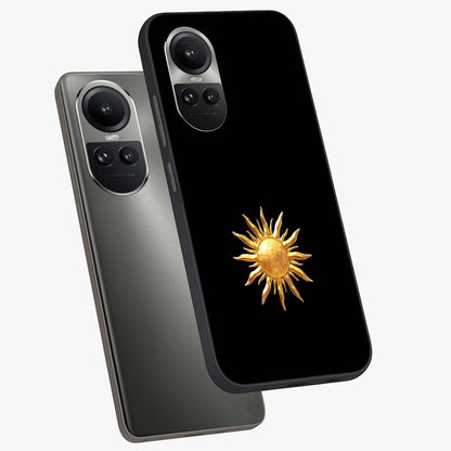 Golden Sun Minimalism Glass Case displayed in angled mockup highlighting eerie shadow illustration with gothic aesthetic.