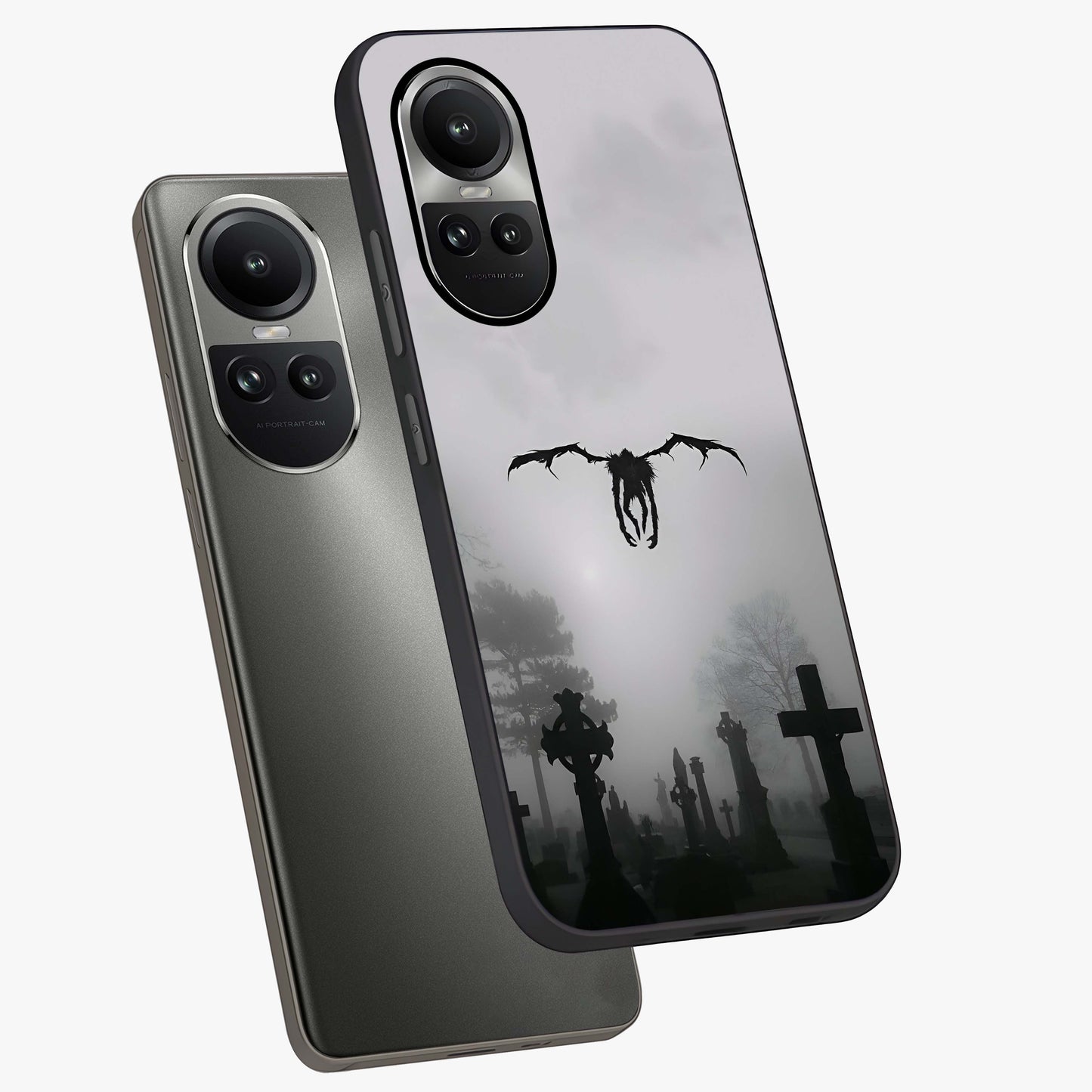 Graveyard Shadow Descent Glass Case displayed in angled mockup highlighting eerie shadow illustration with gothic aesthetic.