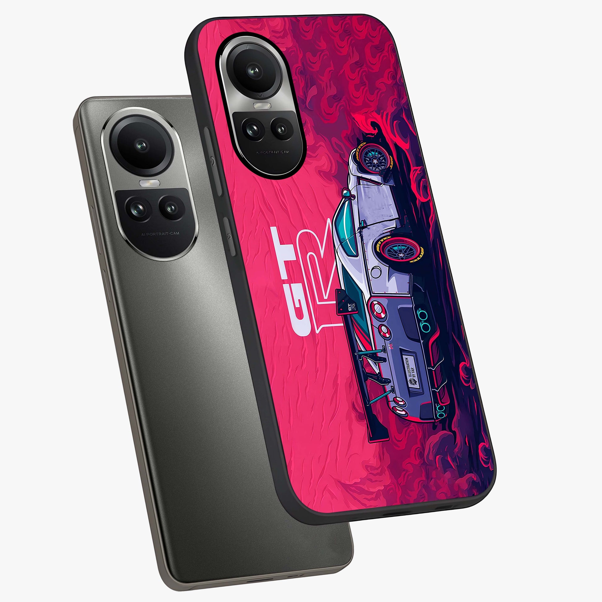 GT-R Car Pattern Glass Case displayed in angled mockup highlighting racing car graphic design with bold automotive aesthetic.