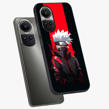 Kakashi Scarlet Shadow Glass Case displayed in angled mockup highlighting dramatic ninja illustration with scarlet themed aesthetic.
