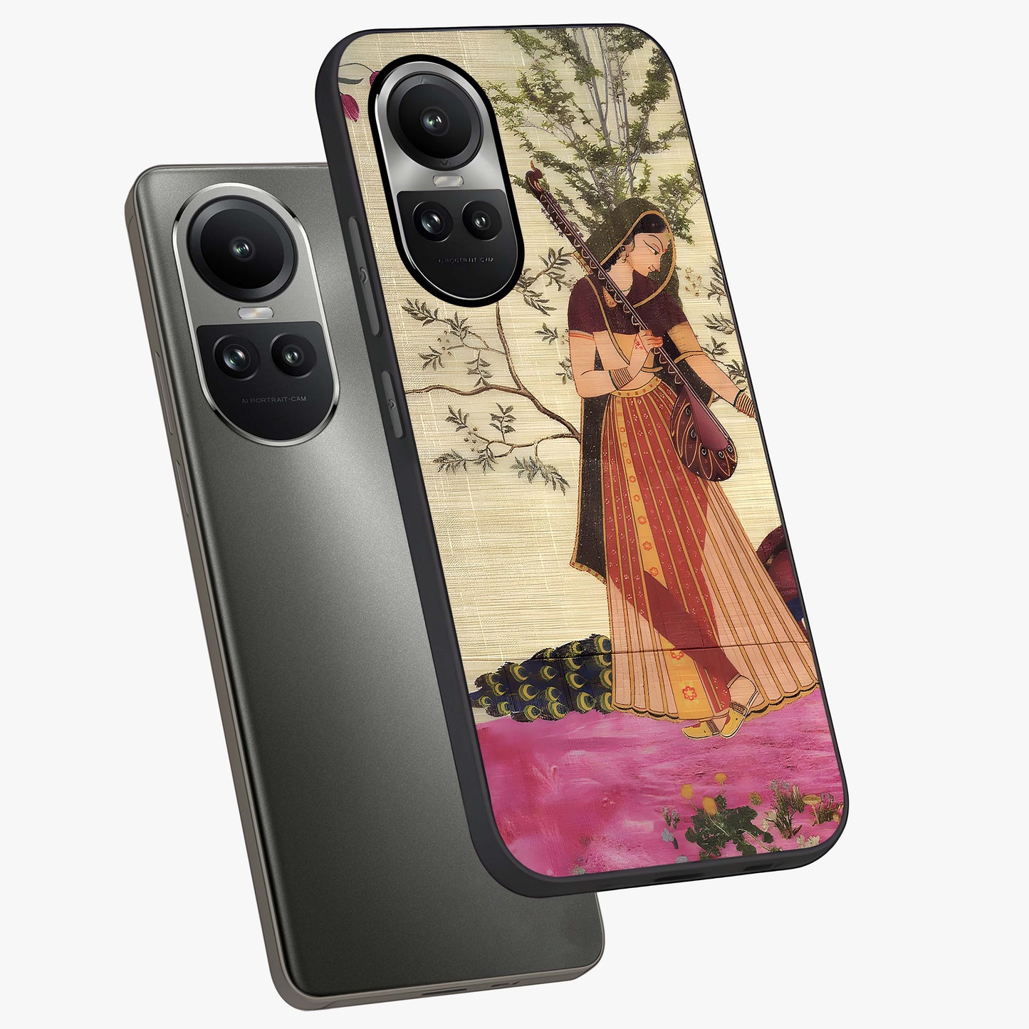 Lady With Veena Art Glass Case displayed in angled mockup highlighting graceful musical illustration with cultural artistic aesthetic.